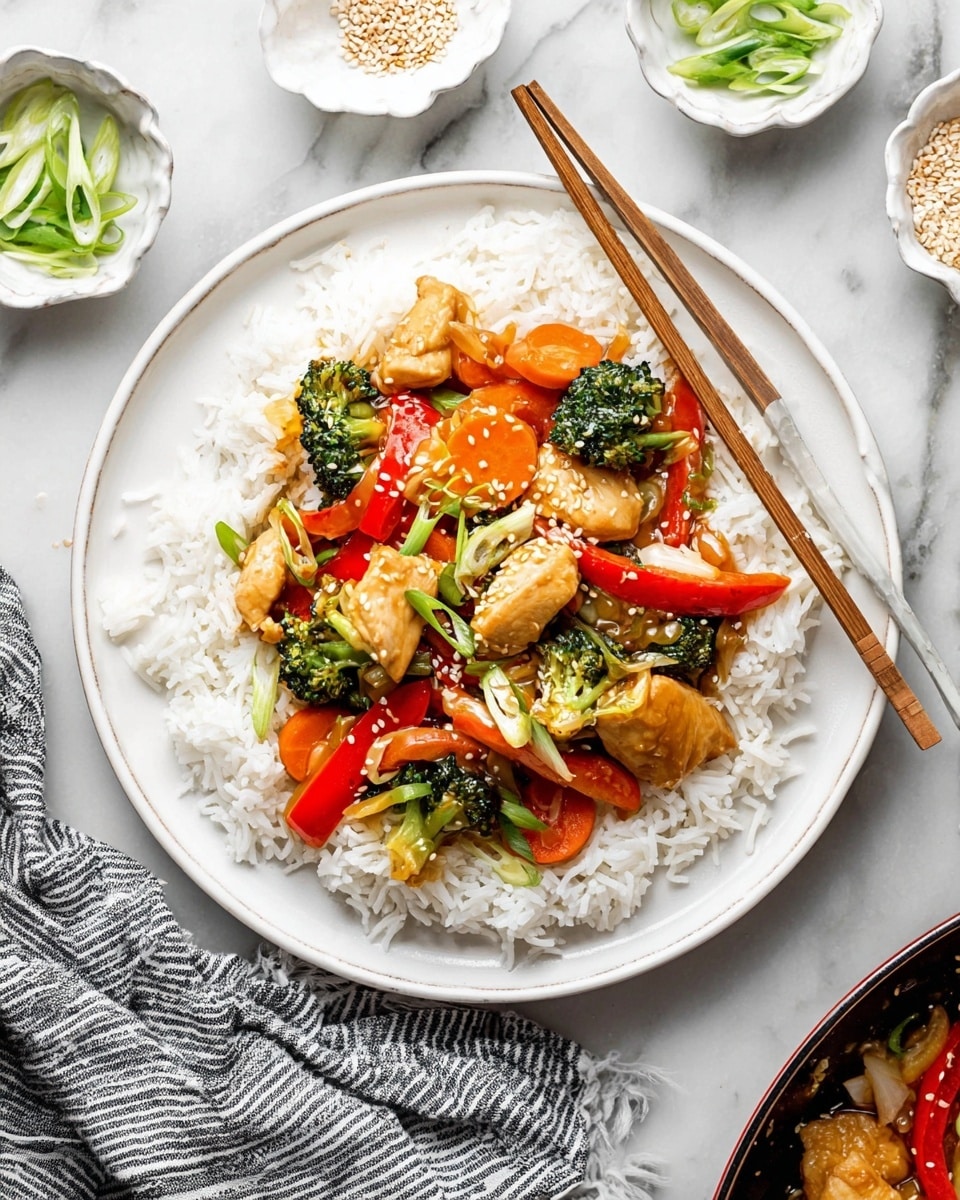 A large silver pan filled with a colorful chicken and vegetable stir-fry sits on a white marbled surface. The stir-fry has several layers: chunks of light brown cooked chicken, bright green broccoli florets, thin red bell pepper strips, orange carrot slices, and translucent cooked onion strips. The dish is garnished with small white sesame seeds and chopped green onions scattered evenly on top. A long silver spoon rests inside the pan on the right side. Around the pan, there are three small white bowls containing plain white rice, sesame seeds, and more chopped green onions. A white plate with wooden chopsticks is partly visible at the bottom right, and a gray striped cloth is on the bottom left. photo taken with an iphone --ar 4:5 --v 7