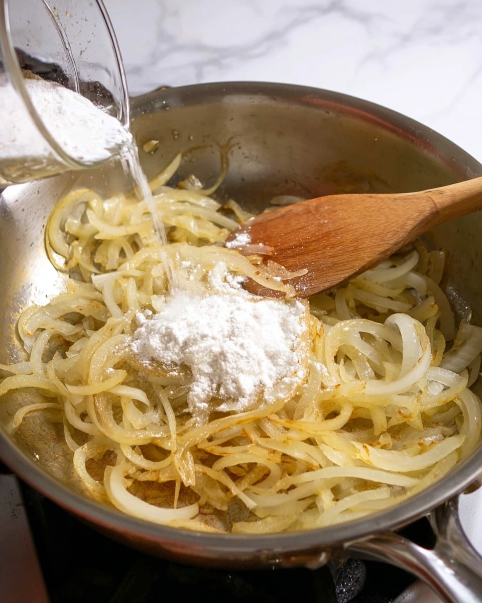 A close-up view of a silver frying pan with thinly sliced, light golden-brown onions spread out inside. In the center, a small pile of white powder is added. A woman's hand pours from a clear container into the pan. A wooden spoon with a smooth texture is stirring the onions near the powder. The pan is on a stove, and the background shows a white marbled surface. photo taken with an iphone --ar 4:5 --v 7