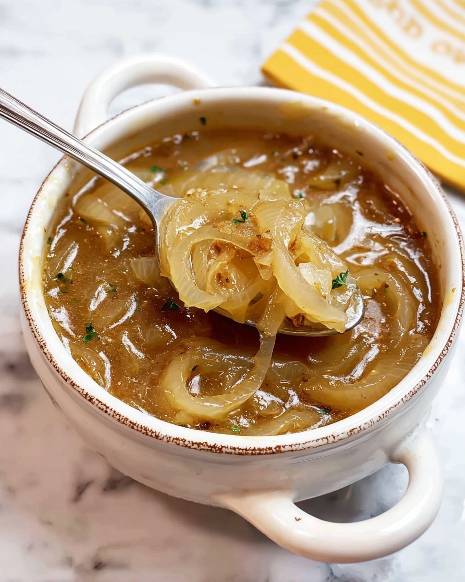 A white soup cup filled with a creamy light brown soup layered with soft, translucent cooked onion slices floating on top, garnished with small green parsley pieces scattered over the onions. The cup has a handle and shows a slight worn texture on the edge. The cup is placed on a white marbled surface with a folded cloth napkin featuring red and beige stripes in the background. Photo taken with an iphone --ar 4:5 --v 7