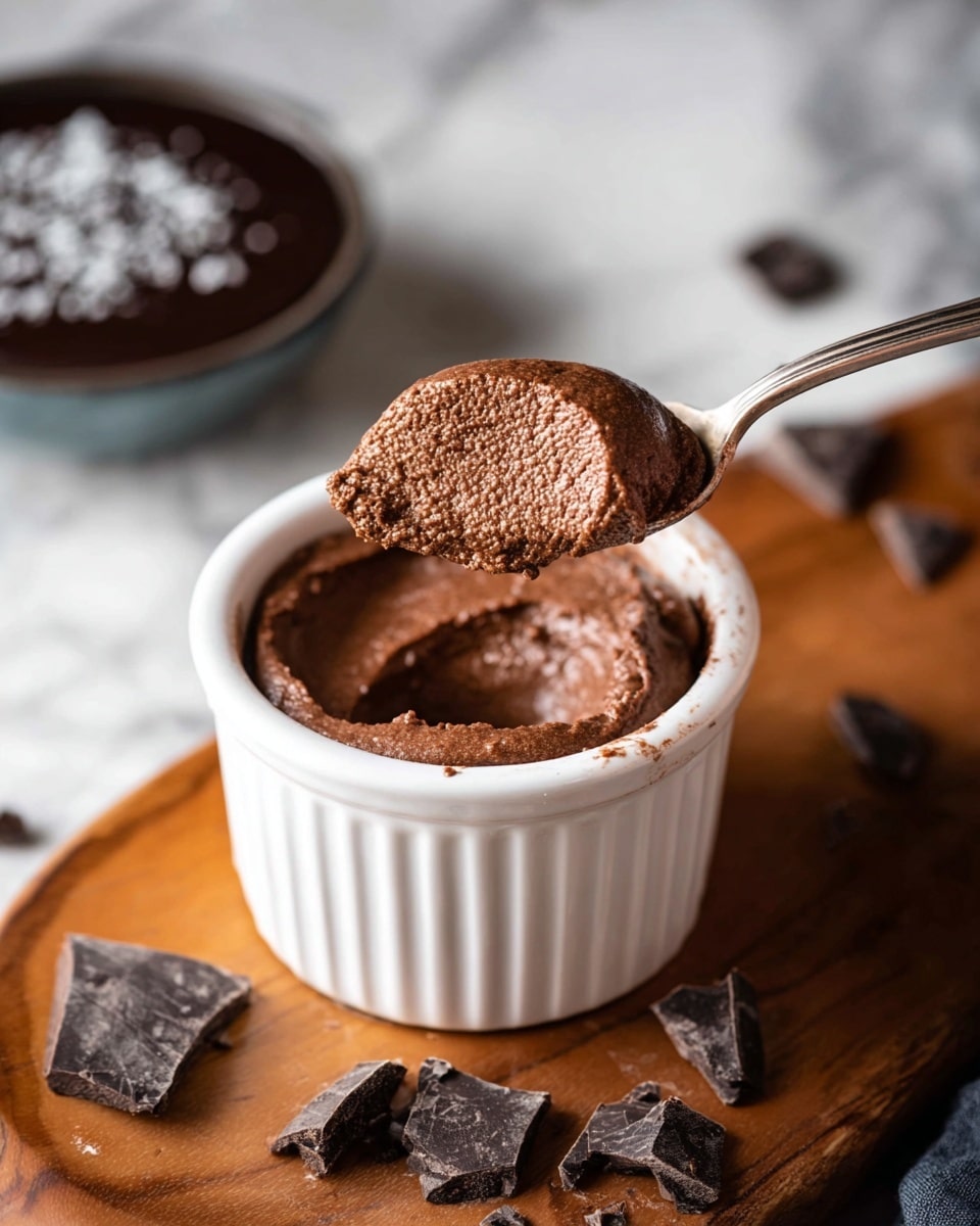 A close-up image shows a woman's hand holding a clear glass bowl filled with small, round, dark brown chocolate pieces tilted over a black pot. Inside the pot, there is a layer of shiny white cream or milk at the bottom, visible through the glass bowl. The background has a white marbled texture. The photo taken with an iphone --ar 4:5 --v 7