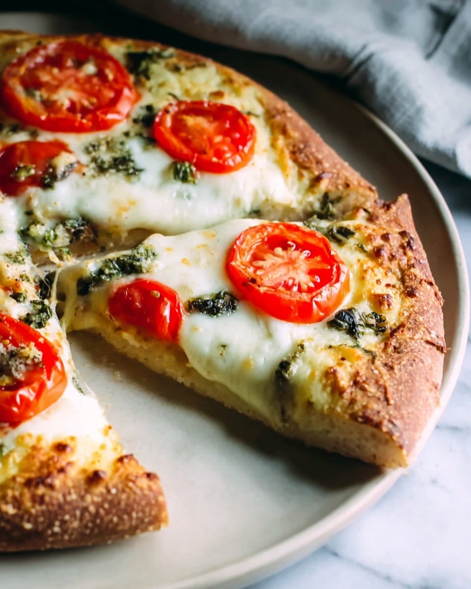 A round pizza with a thick golden-brown crust sits on a white plate, placed on a white marbled surface. The pizza has three main layers: a pesto green sauce spread thinly on the dough at the base, a middle layer of melted white cheese covering almost the whole pizza, and on top, four evenly spaced slices of red tomato with visible seeds. Small pieces of dark green leafy herbs are scattered across the cheese, adding contrast. In the background, two whole red tomatoes rest with green stems attached. Photo taken with an iphone --ar 4:5 --v 7