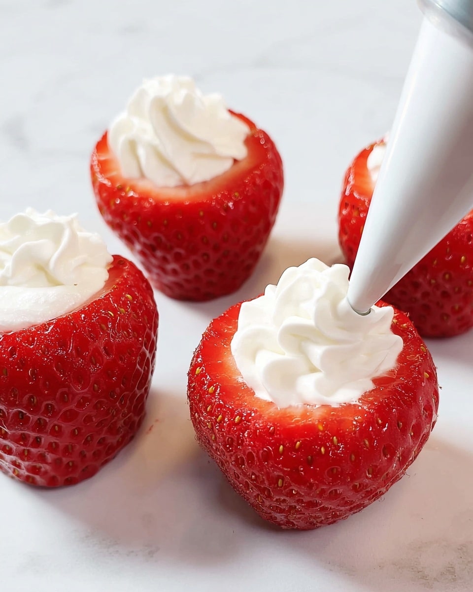 The image shows a close-up of three red hollowed-out strawberries on a white marbled surface. Each strawberry has a slightly hollow center where white cream is being filled with a piping bag; one strawberry is actively getting the cream inside while the others are already topped with a dollop of thick, fluffy white cream. The strawberries have a glossy texture and bright red seeds visible on their surface. The scene is simple, focused tightly on the strawberries and cream, with a clean and bright look. Photo taken with an iphone --ar 4:5 --v 7
