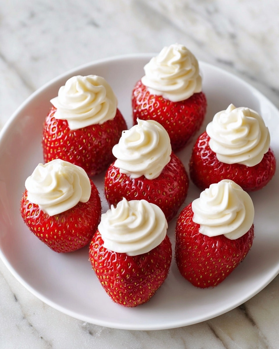 A white round plate holds seven ripe red strawberries, each topped with a swirl of smooth white cream. The strawberries are arranged loosely, showing their shiny, textured surfaces with small yellow seeds. The cream is carefully piped in soft peaks at the top center of each strawberry, adding a light and fluffy contrast to the bright red fruit. The plate rests on a white marbled surface. photo taken with an iphone --ar 4:5 --v 7