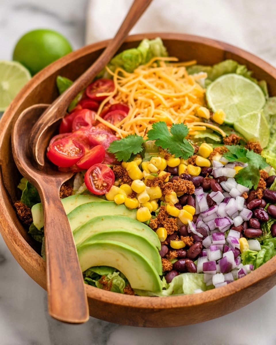 A colorful salad is shown in a wooden bowl with two wooden spoons inside. The salad has layers starting with green lettuce leaves at the base, followed by black beans, yellow corn kernels, and small chunks of purple onion evenly spread. On top, there are bright red halved cherry tomatoes, thin orange shredded cheese, and fresh green avocado slices placed around. Lime wedges add a fresh touch, along with small brown crumbled pieces of a textured ingredient. A few fresh cilantro leaves are scattered on top, creating a fresh, vibrant look. The bowl sits on a white marbled surface. Photo taken with an iphone --ar 4:5 --v 7