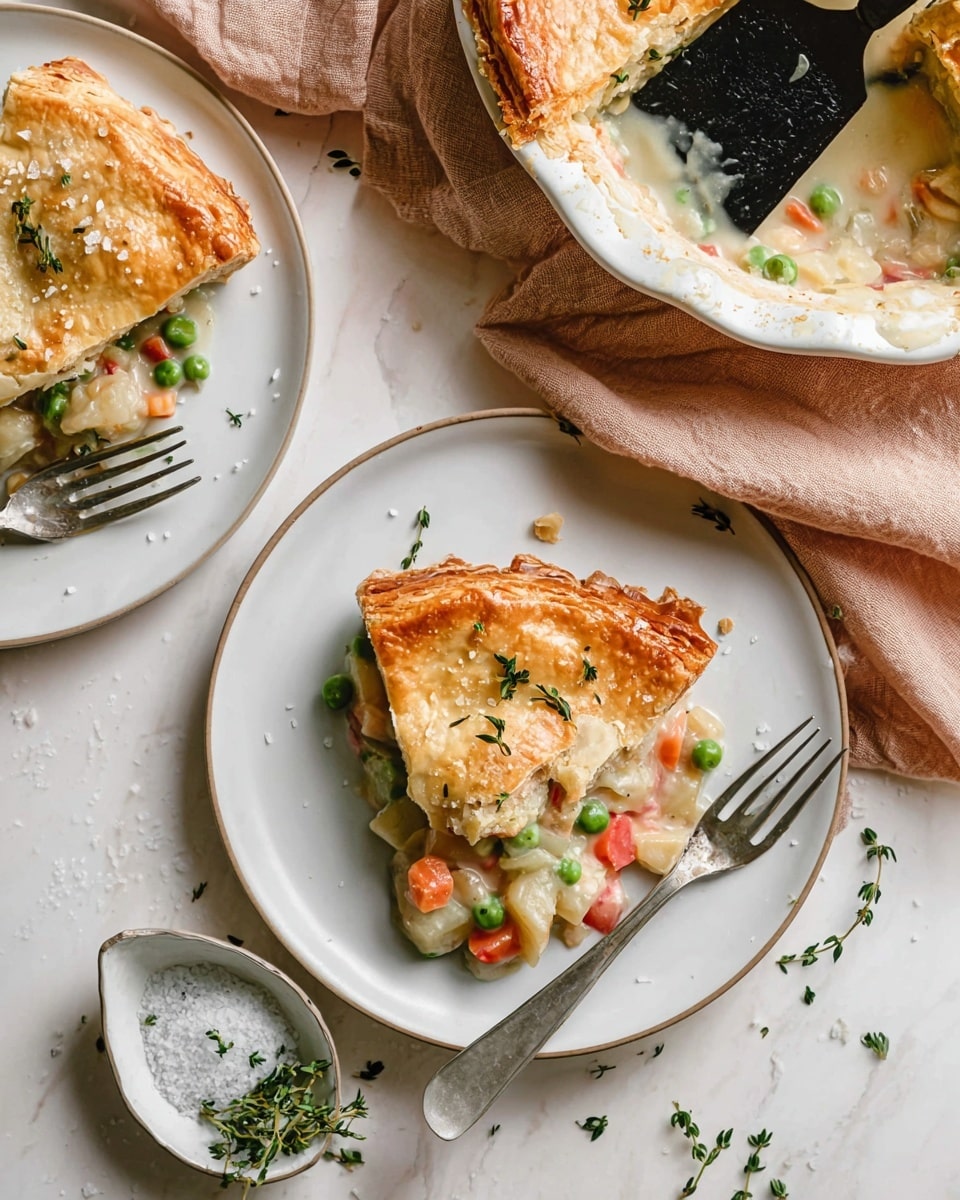 The image shows a golden-brown slice of vegetable pie on a white plate with a silver fork beside it. The pie has a flaky top crust sprinkled with coarse salt and small thyme leaves. Inside the pie, there are visible layers of creamy sauce, bright orange carrot pieces, green peas, and chunks of potatoes. Next to the plate is a white dish filled with coarse salt and fresh green thyme sprigs scattered on a white marbled surface. In the upper right, part of a white pie dish holds the remaining pie with a black metal spatula resting inside. A peach-colored cloth is draped over the corner of the surface. photo taken with an iphone --ar 4:5 --v 7