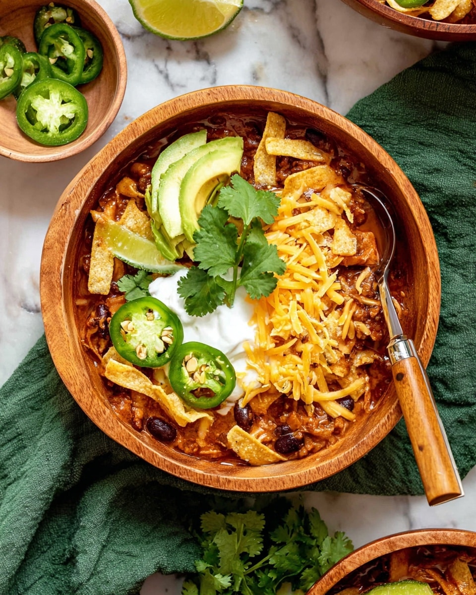 The dish is served in a round wooden bowl with visible wood grain texture. At the base, there is a thick, creamy stew with a reddish-brown color that looks chunky and hearty. On top of this are creamy white dollops of sour cream spread on one side. Bright yellow shredded cheese is scattered across the top along with thin, crispy light brown strips of tortilla chips. Fresh garnishes include three bright green lime slices on one edge, three green jalapeño slices near the center, and peeled avocado slices with a smooth texture. A sprig of fresh green cilantro is placed in the middle. A spoon with a wooden handle rests inside the bowl, partly submerged in the stew. The background is a white marbled surface with parts of green cloth and other bowls just outside the frame. photo taken with an iphone --ar 4:5 --v 7