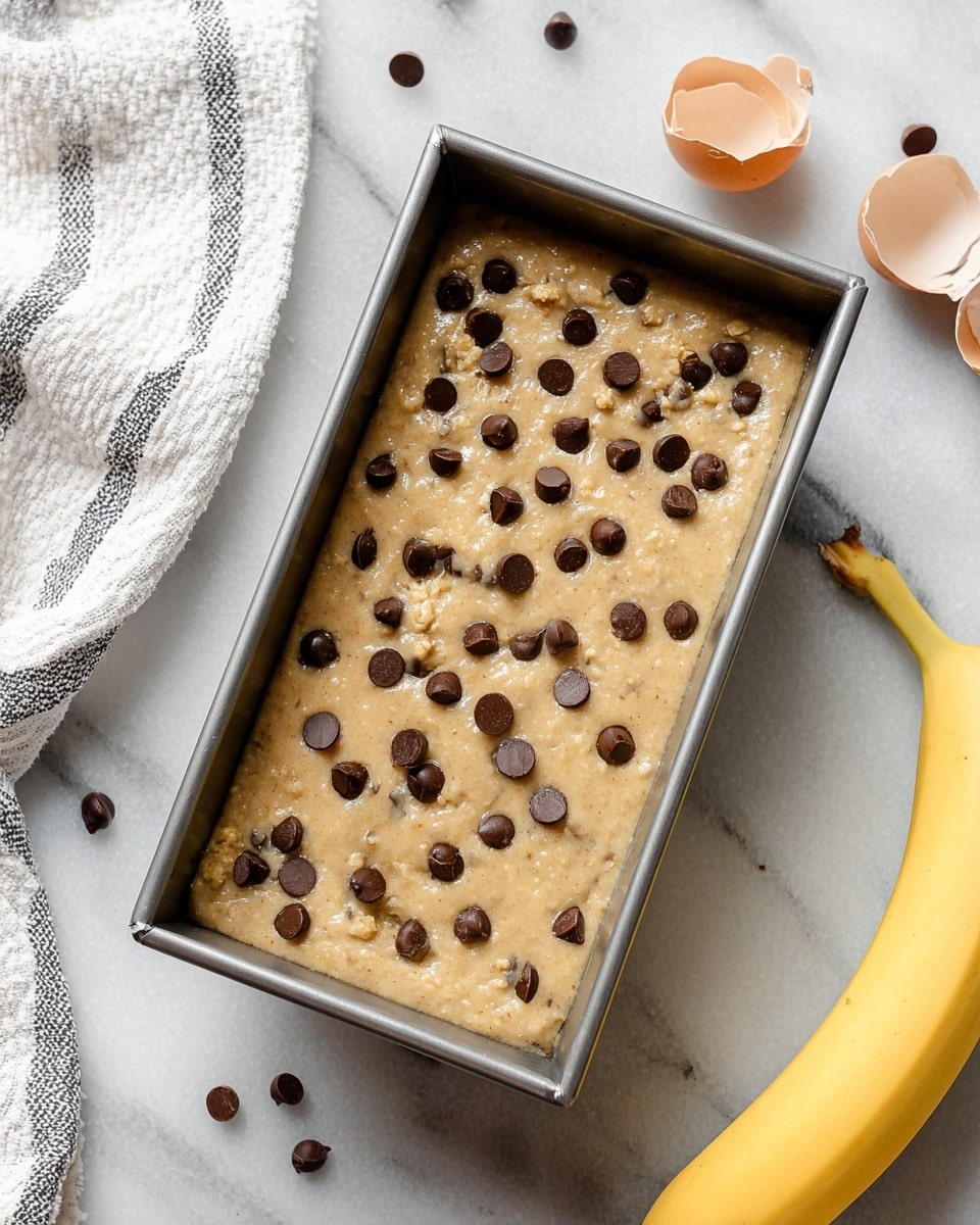 A stack of seven thick slices of chocolate chip banana bread rests on a piece of white parchment paper over a wooden board placed on a white marbled texture surface. Each slice is golden brown with a moist, slightly textured crumb visible inside, dotted generously with dark brown chocolate chips both on the top and embedded throughout the slices. The edges of the bread are slightly darker and crisp looking, contrasting with the soft and rich interior. A few loose chocolate chips are scattered around the bread on the parchment paper, adding to the casual, homemade feeling of the scene. photo taken with an iphone --ar 4:5 --v 7