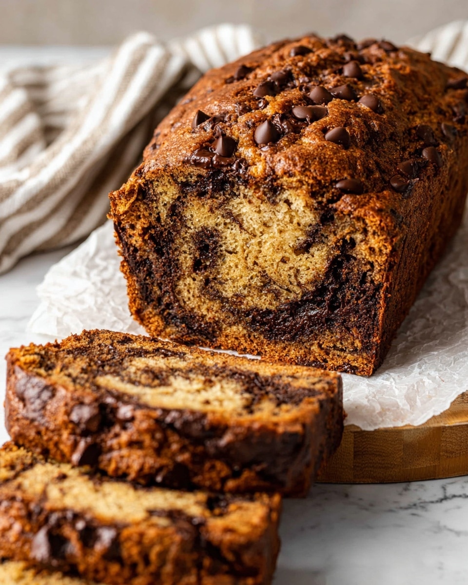 A thick loaf of chocolate chip banana bread is shown on a crumpled white paper over a wooden board placed on a white marbled surface. The bread has a rich golden brown outer crust with a slightly cracked top, dotted with semi-melted dark chocolate chips. A large sliced piece is placed in front of the loaf, revealing a moist, light brown inside filled generously with melted chocolate swirls and chips layered through the bread. Two more slices lie flat in the foreground with the same texture and dark chocolate distribution clearly visible. The background includes a soft striped cloth, adding a cozy, homey feel to the scene. Photo taken with an iphone --ar 4:5 --v 7