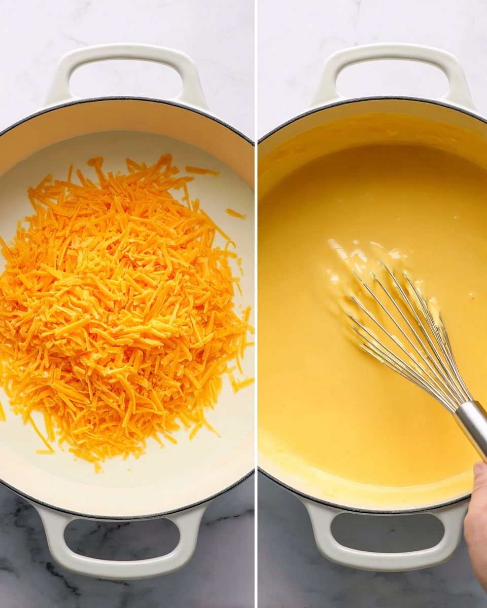 The image shows two side-by-side views of a white pot on a white marbled surface. On the left, the pot is filled with a layer of smooth white sauce topped with a thick heap of bright orange shredded cheese. On the right, the pot contains a thick, smooth, yellow cheese sauce being stirred with a silver whisk held by a woman's hand, highlighting the creamy texture and even color of the sauce photo taken with an iphone --ar 4:5 --v 7