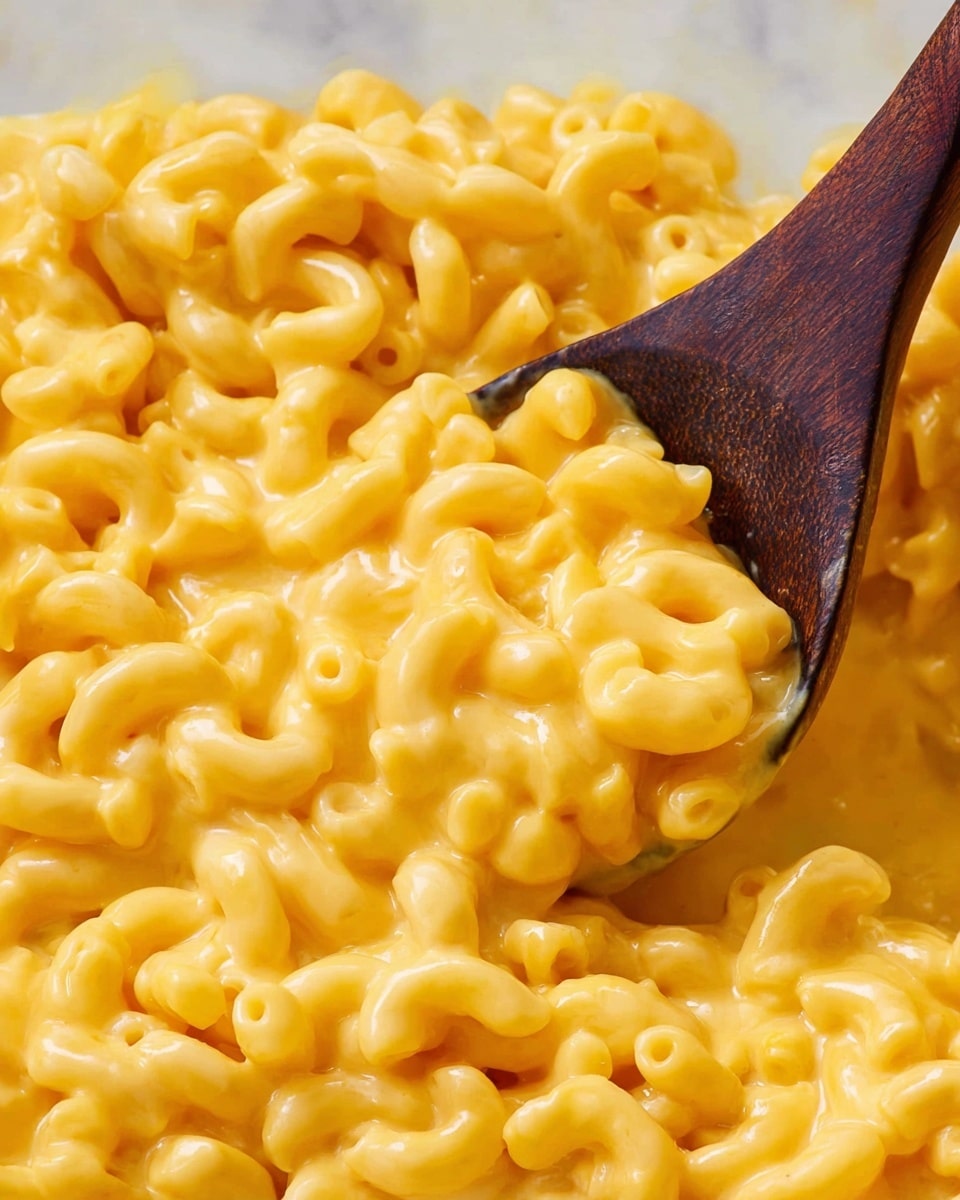A close-up view of a pot filled with creamy yellow macaroni and cheese, showing a smooth and thick cheese sauce coating small elbow macaroni noodles. A wooden spoon is partially dipped into the cheesy pasta from the upper left corner, its dark brown texture contrasting with the bright, soft yellow of the cheese sauce. The pot rim is white, placed on a white marbled surface. The cheese sauce looks shiny and smooth, with the macaroni evenly covered photo taken with an iphone --ar 4:5 --v 7