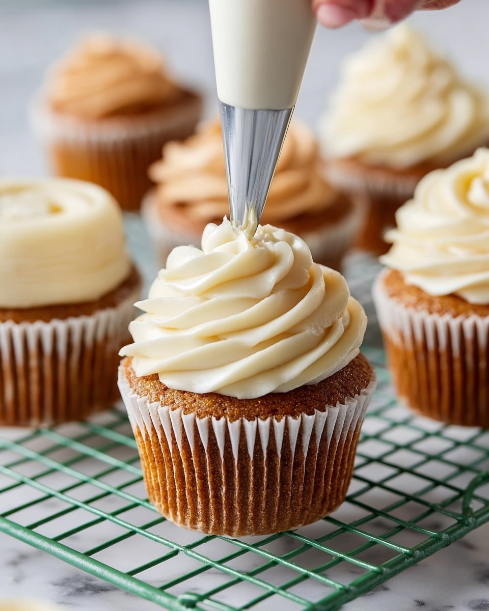 A group of eight brown cupcakes arranged on a white plate, each topped with a thick swirl of creamy white frosting. The frosting is smooth and piped in a circular motion, covering the top of each cupcake evenly. Small pieces of chopped nuts are sprinkled over the frosting, adding texture and a touch of light brown color. The cupcakes are placed closely together, showing the darker brown cake base beneath the frosting. The plate sits on a white marbled surface. Photo taken with an iphone --ar 4:5 --v 7