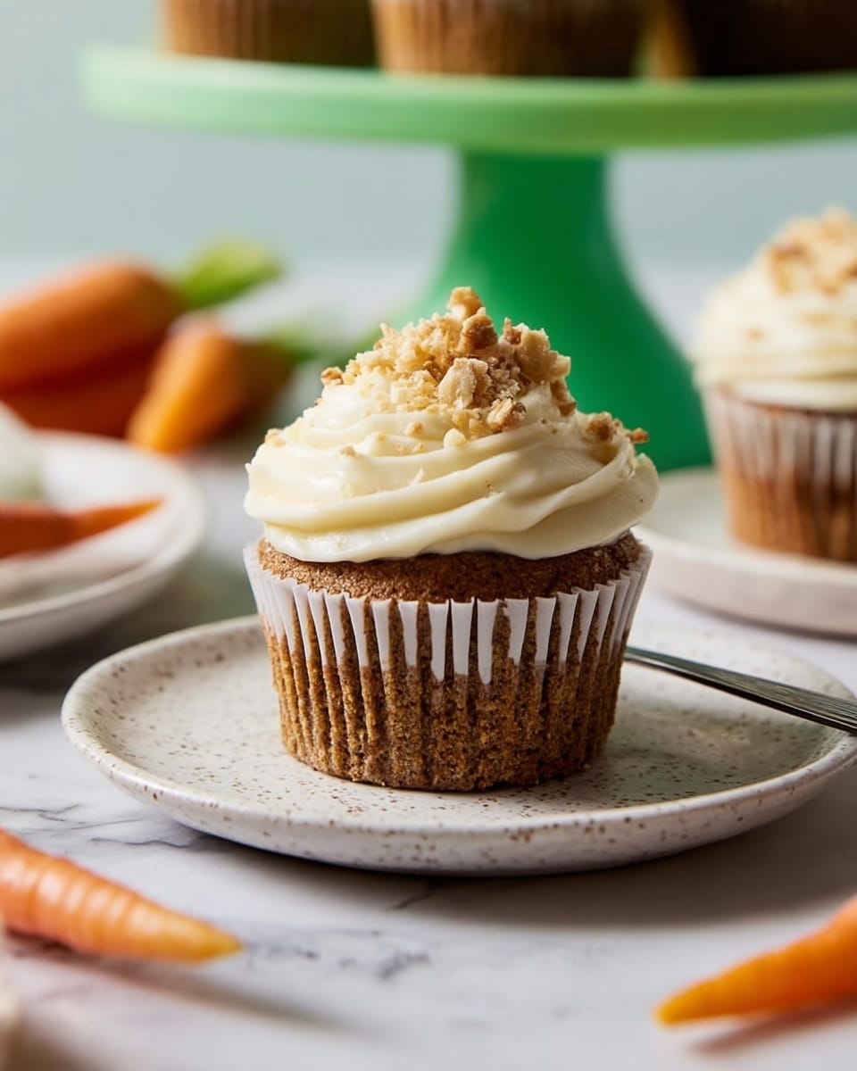 A close-up image shows a light brown cupcake in a white paper case sitting on a green wire cooling rack over a white marbled surface. The cupcake has a thick, swirled layer of smooth, creamy off-white frosting being piped on top using a pastry bag held by a woman's hand, with the metal tip near the center of the swirl. Around the main cupcake, there are several similar cupcakes, some with frosting swirls and some without, all on the rack. The background is softly blurred, keeping the focus on the cupcake being decorated. Photo taken with an iphone --ar 4:5 --v 7