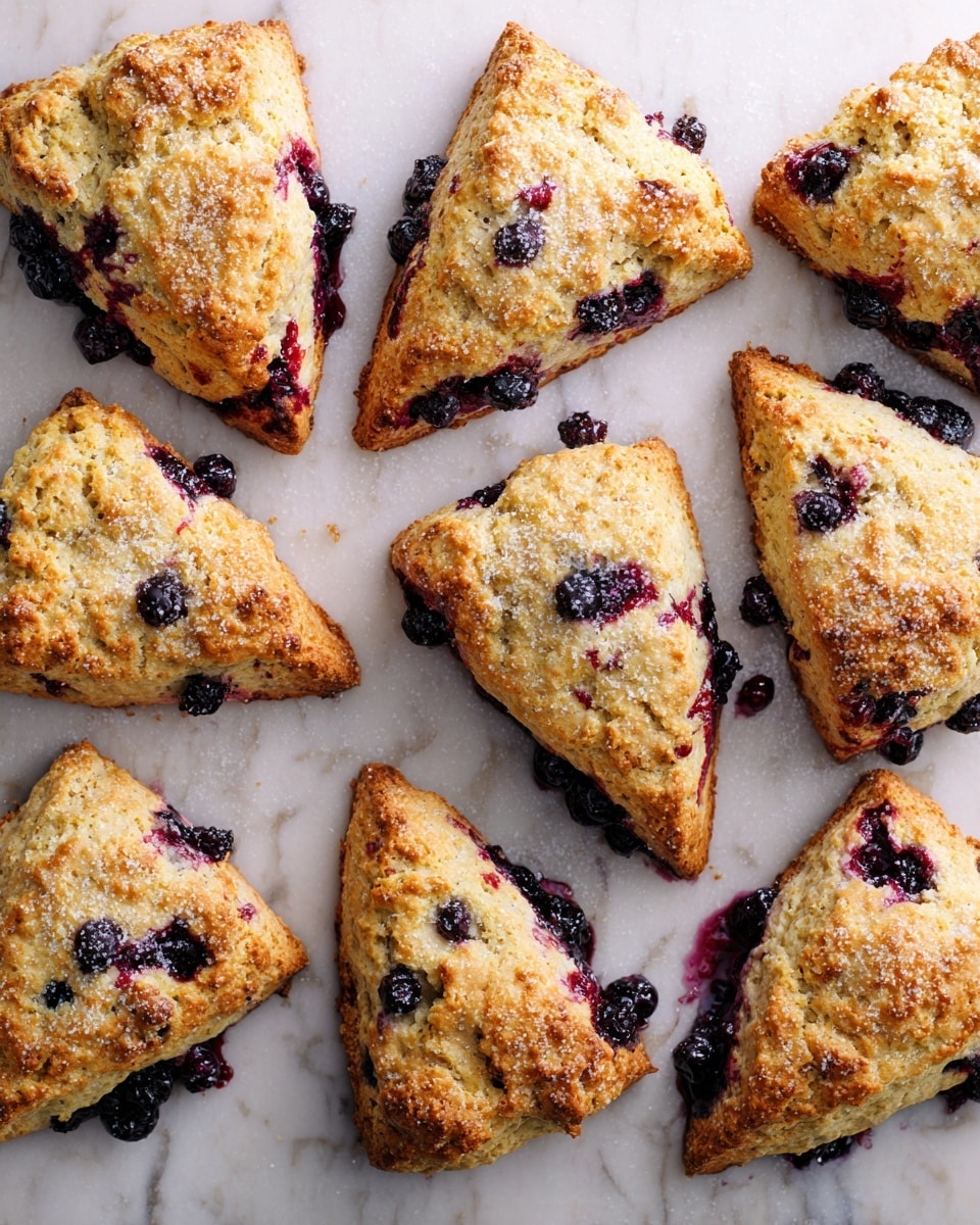 Eight golden-brown triangular blueberry scones are arranged in two rows on a white marbled background. Each scone has a rough, crumbly texture with visible dark purple blueberries baked inside and some blueberry juice spilled and slightly caramelized around the edges. The tops of the scones show a sparkling sugar coating that adds a slight crunch. Photo taken with an iphone --ar 4:5 --v 7