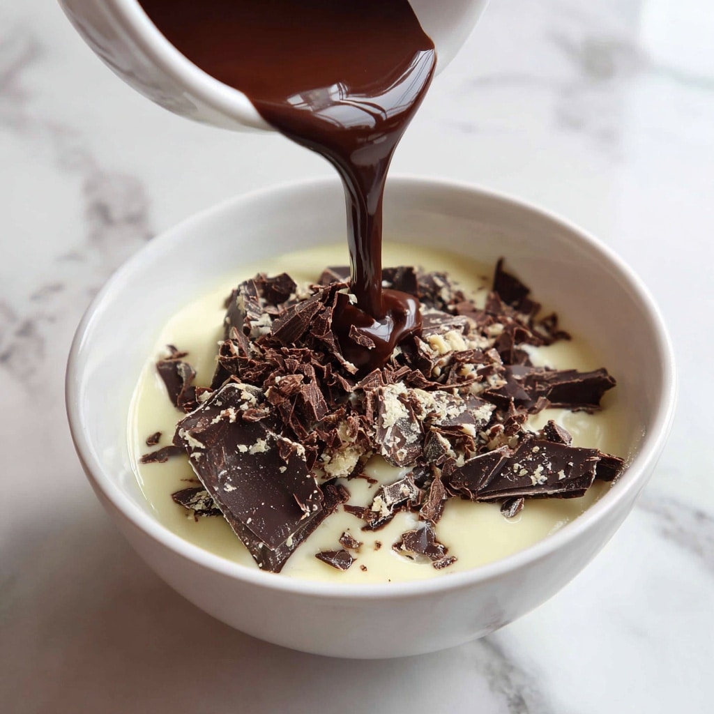A white bowl filled with light cream in the bottom layer has dark chocolate chunks being poured into it from another white bowl held by a woman's hand at the top left. The chocolate is falling in small irregular pieces, creating a mix of colors and textures with the smooth cream below. The setting is on a white marbled surface. photo taken with an iphone --ar 4:5 --v 7
