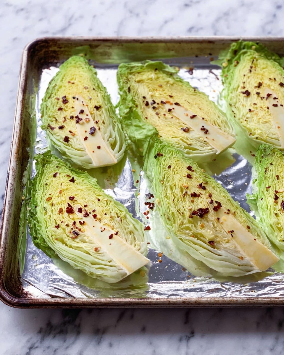 The image shows six thick, wedge-shaped slices of light green cabbage arranged on a baking sheet lined with shiny aluminum foil. Each cabbage wedge has several layers of tightly packed leaves that start pale green on the inside and turn brighter green toward the edges. The tops of the cabbage pieces are sprinkled with small dark red chili flakes and have a light coating of oil that gives them a slight shine. The baking sheet has a slightly worn metal edge, and the background is a white marbled surface. photo taken with an iphone --ar 4:5 --v 7