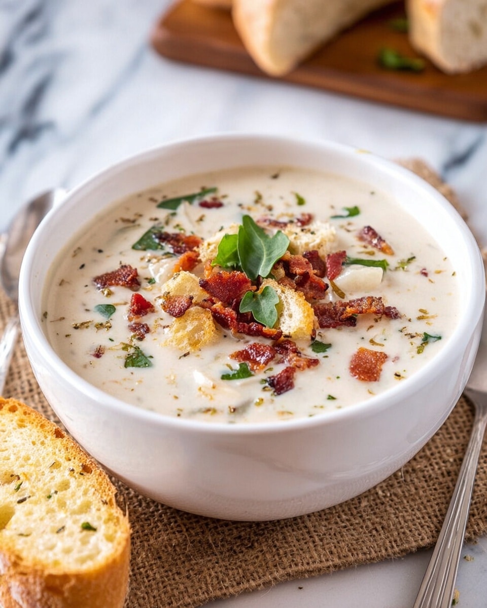 A white bowl filled with thick creamy white soup that has small green herbs and bits of light onions mixed inside; on top, there are scattered pieces of crispy brown bacon, parsley leaves, and small light tan oyster crackers. A piece of light golden toasted bread with a porous texture rests on the side of the bowl. The bowl sits on a piece of rough brown burlap on a white marbled surface with a blurred brown wooden board and bread in the background. Photo taken with an iphone --ar 4:5 --v 7