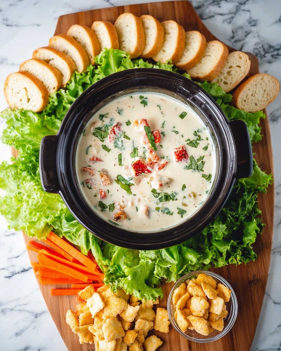 A black pot filled with creamy white soup that has chunks of red pieces and green herbs floating on top, placed in the center of a wooden board. Around the pot, there are fresh green lettuce leaves mixed with thin orange carrot strips spread evenly. Slices of light brown toasted bread are arranged in neat rows on the upper and lower sides of the board. To the lower right, there is a clear glass bowl filled with small golden cracker pieces. The background is a white marbled surface. photo taken with an iphone --ar 4:5 --v 7