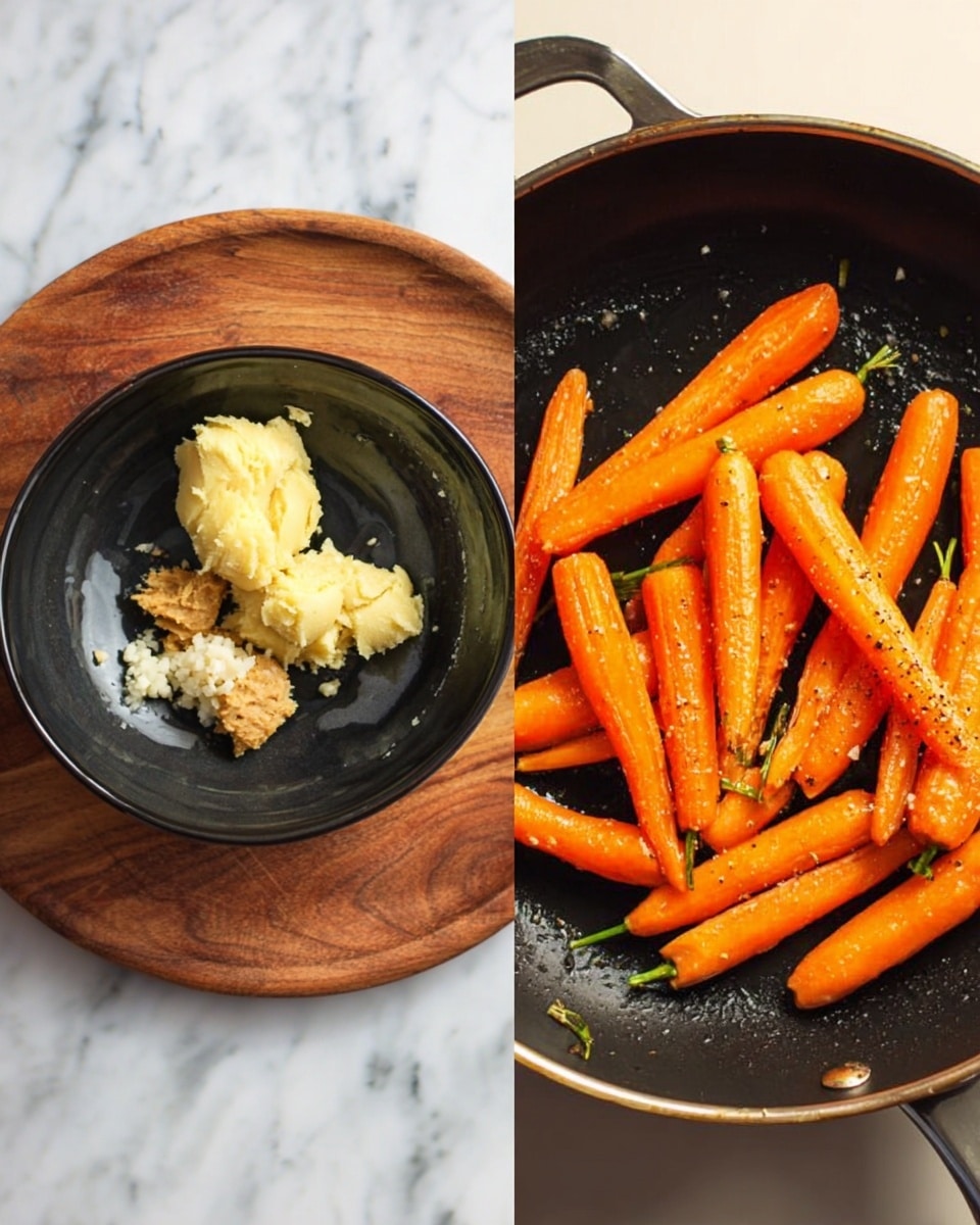 The image shows two side-by-side photos. On the left, there is a small black bowl placed on a wooden board with a few small mounds of ingredients inside: a pale yellow soft paste, a light brown thick paste, and some minced white pieces, all slightly mixed but mostly separate. On the right, a black frying pan holds many small whole carrots, bright orange with green tops trimmed, arranged in a single layer with some seasoning visible on them. The background surface is a white marbled texture. Photo taken with an iphone --ar 4:5 --v 7