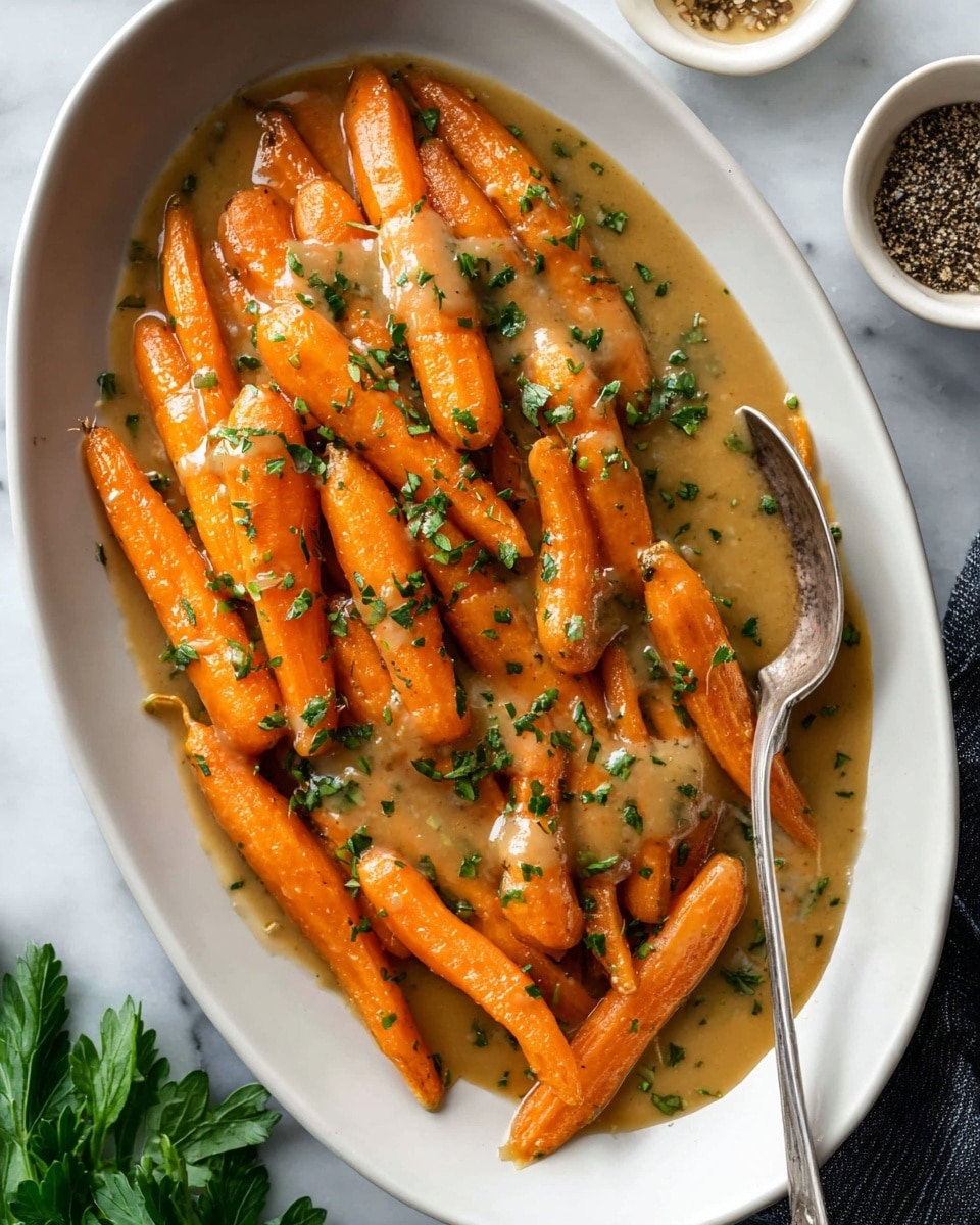 A close-up view of bright orange baby carrots cooked in a light brown sauce, with small green herb pieces sprinkled on top. The carrots are whole with a smooth texture and some shine from the sauce. The background shows a white marbled texture, with a white spoon handle with a red grip on the left side, partially resting on the carrots. photo taken with an iphone --ar 4:5 --v 7