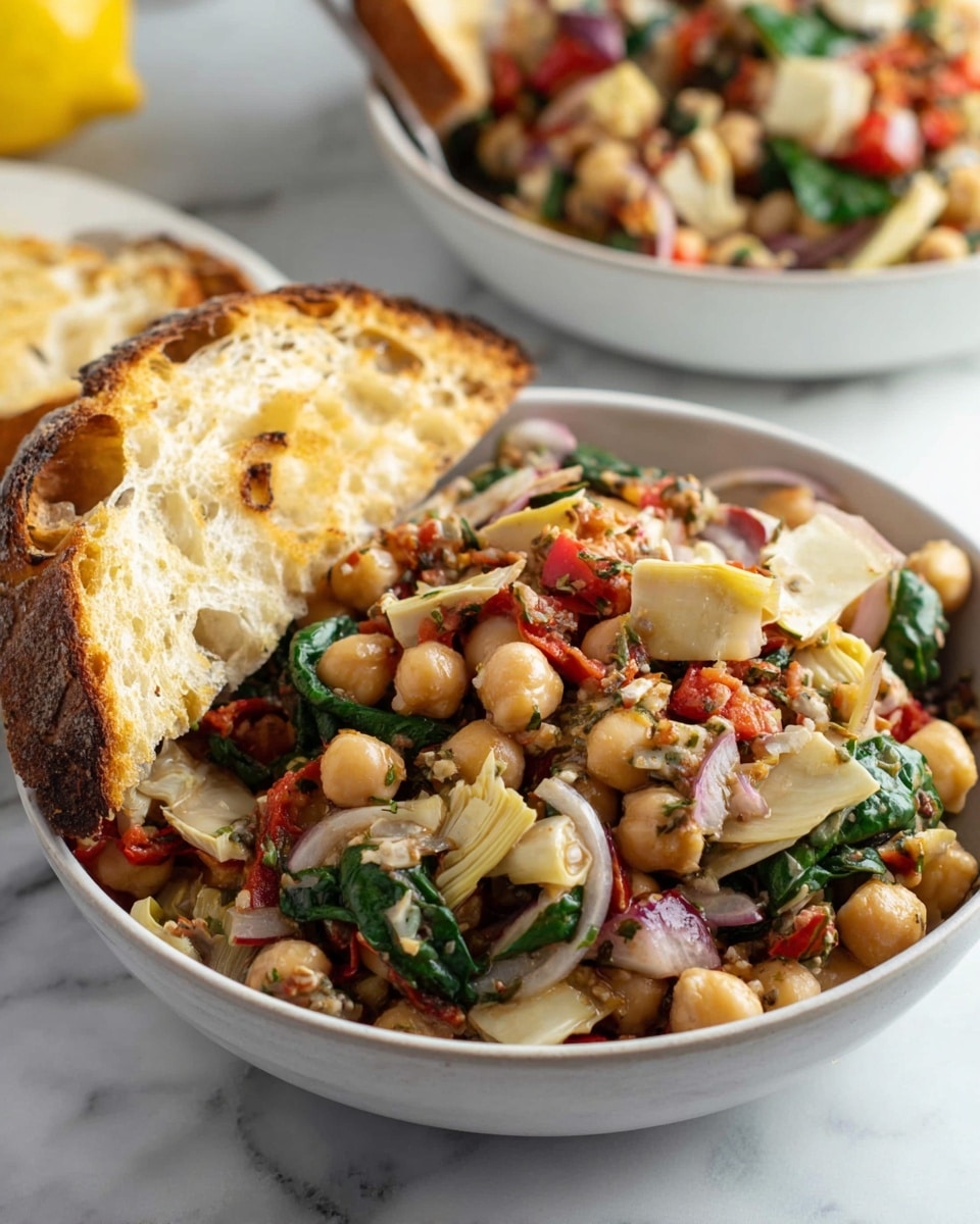 The image shows a white bowl filled with a colorful mixed bean salad. The salad has light beige chickpeas and white beans, small cubes of white cheese, bright green spinach leaves, several pieces of sun-dried red tomatoes, thin slices of light purple onion, and small pieces of artichoke hearts. Two toasted slices of brown bread with seeds on the crust rest on the side inside the bowl. A metal spoon is placed on the left side of the bowl. The bowl is placed on a white marbled surface, with part of a lemon and another bowl visible at the edges. photo taken with an iphone --ar 4:5 --v 7