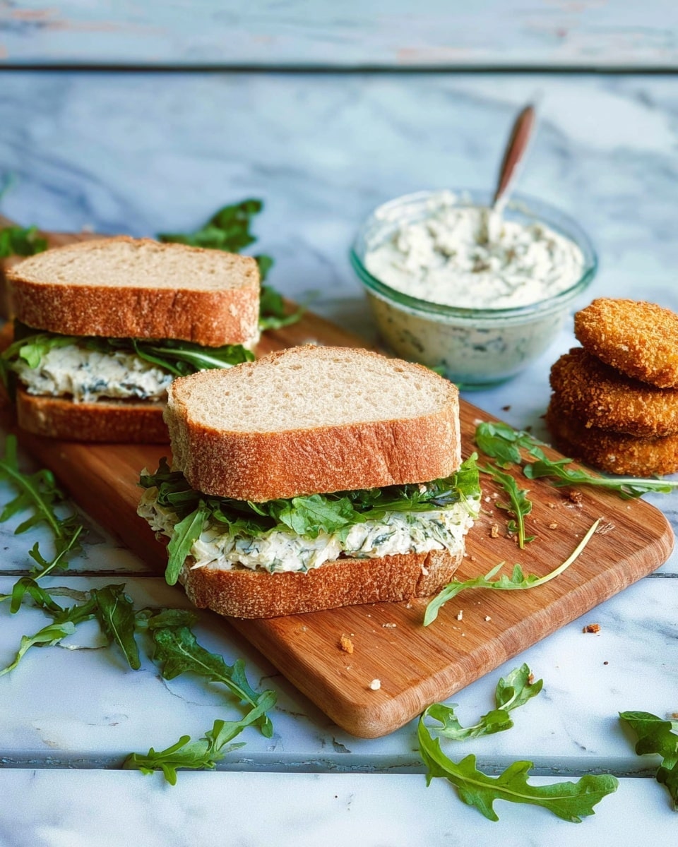 Two sandwiches are placed on a wooden board over a white marbled surface. Each sandwich has two layers of soft brown bread with a slightly crispy crust. Inside, there is a layer of green leafy lettuce and a creamy white spread with herbs. Around the board, green arugula leaves are scattered casually. To the right, a clear bowl holds a thick white creamy mixture with herbs, and a spoon is in the bowl. Next to it, there are some round, breaded patties stacked together. The photo taken with an iphone --ar 4:5 --v 7