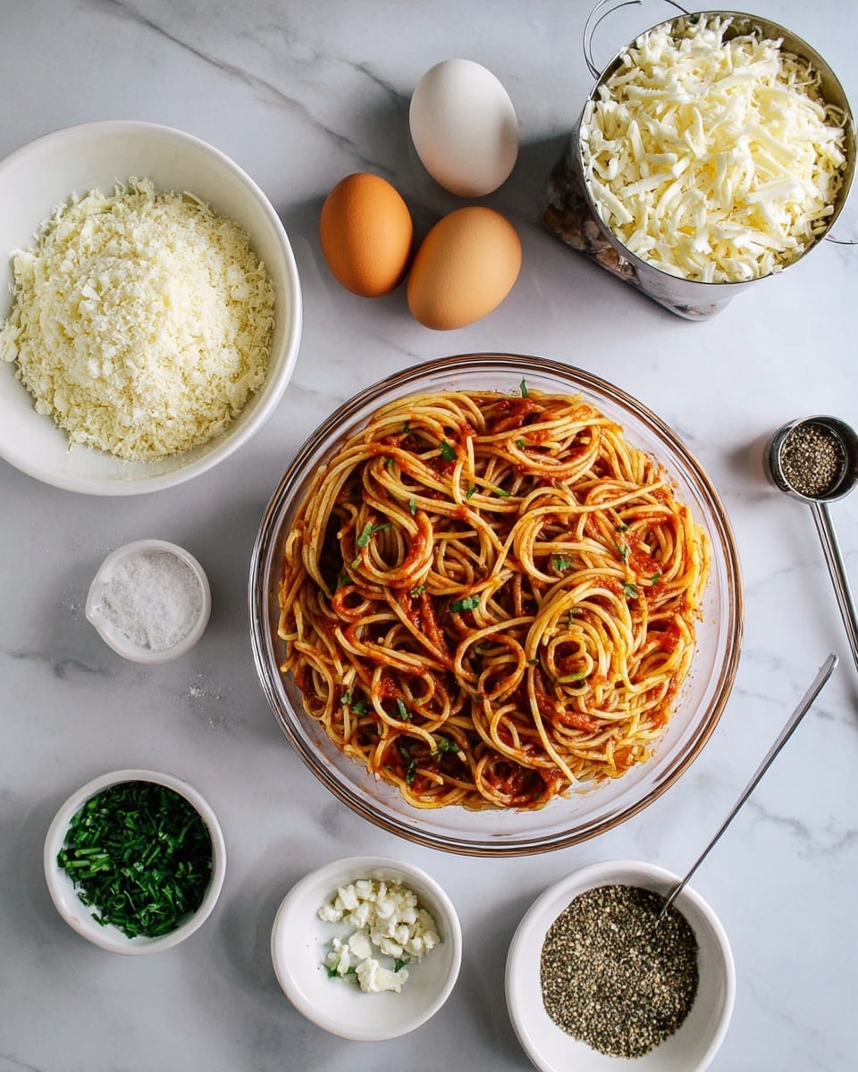 A clear glass bowl filled with cooked spaghetti mixed lightly with red tomato sauce sits on a white marbled surface. Around it are several white bowls and small dishes containing grated white cheese, chopped green herbs, granulated seasoning, and salt. There are two brown eggs placed near a metal measuring cup filled with more grated cheese, and a metal measuring spoon holds black pepper. The overall setup shows ingredients neatly arranged for making a pasta dish photo taken with an iphone --ar 4:5 --v 7