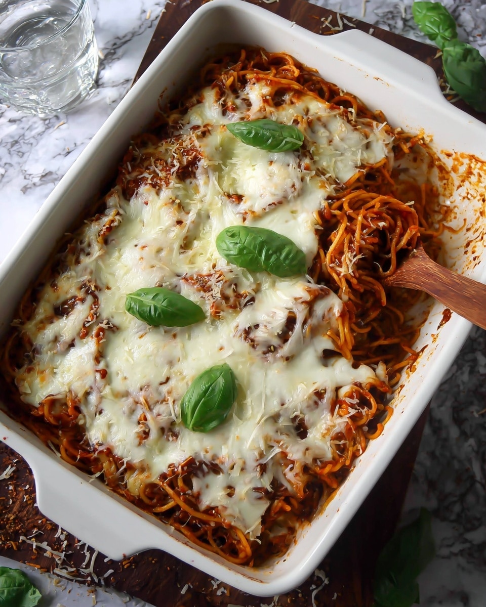 The image shows a white rectangular baking dish filled with baked spaghetti pasta. The bottom layer is reddish spaghetti mixed with tomato sauce, covered by a thick, creamy layer of white melted cheese that stretches and covers the pasta unevenly. There are three fresh bright green basil leaves placed on top as decoration. A wooden spoon with some spaghetti is resting inside the dish on the right side. The dish is placed on a dark wooden table with some scattered basil leaves and a clear glass of water nearby, all on a white marbled textured background. Photo taken with an iphone --ar 4:5 --v 7