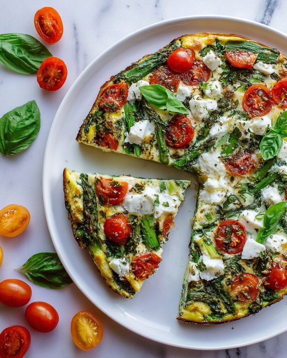 A round frittata sits centered on a white plate, placed on a white marbled surface. The frittata has three main layers: a base layer of cooked eggs with a golden-yellow tone, studded throughout with bright green chopped spinach and asparagus pieces, followed by halved vibrant red and yellow cherry tomatoes scattered evenly on top. Dollops of white crumbly cheese are spread across the top layer, adding texture and contrast to the colorful vegetables. The edges are lightly browned and the overall look is fresh, vibrant, and appetizing. Photo taken with an iphone --ar 4:5 --v 7
