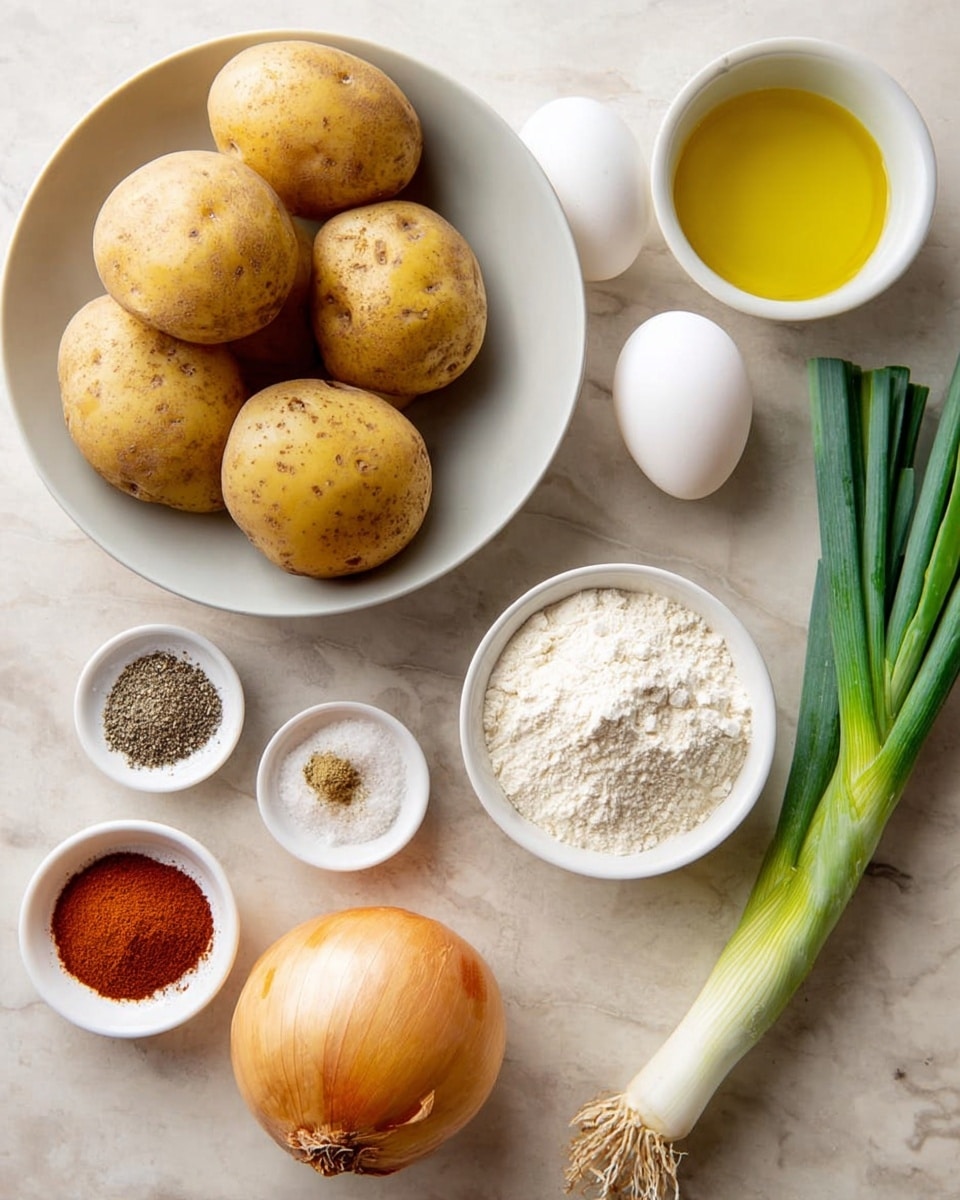 The image shows several cooking ingredients arranged neatly on a white marbled surface. In the top left is a white bowl filled with five whole potatoes that have a light brown skin with small spots. To the right of the bowl are two white eggs placed side by side. Nearby, there is a small white bowl with a golden yellow liquid, likely oil. Below the eggs, a small white dish contains a mix of salt and black pepper. At the bottom left, there are three small white bowls: one with reddish powder, one with light brown powder, and the last with white flour. To the right of these bowls is a whole yellow onion with its dry stem still attached. Above the onion, two fresh green onions lay flat, showing their white bulbs and long green stalks. photo taken with an iphone --ar 4:5 --v 7
