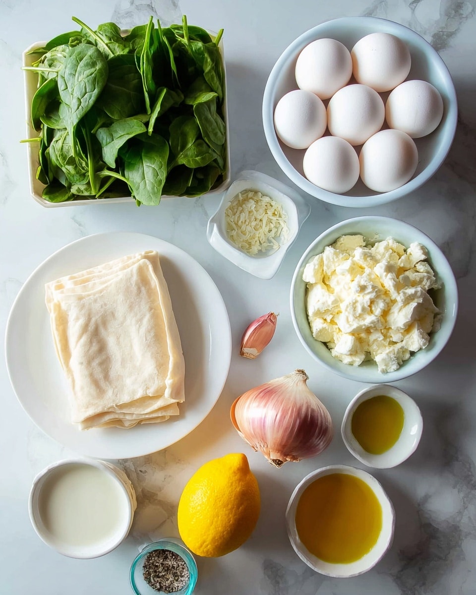 The image shows ingredients arranged on a white marbled surface. There is a pack of fresh green baby spinach at the top center. Below it, a white bowl holds six white eggs. To the left, a white plate has a folded piece of light beige dough with a soft texture. To the right of the eggs, there is a white bowl filled with small white chunks of cheese and a small cup with finely chopped garlic. Below the cheese, a bright yellow lemon is placed. Around the lemon, there are two small shallots with light purple skin, a small dish with salt and black pepper, a small white bowl with golden olive oil, and another white bowl containing a creamy white liquid, likely milk. The ingredients are cleanly arranged and evenly spaced. Photo taken with an iphone --ar 4:5 --v 7