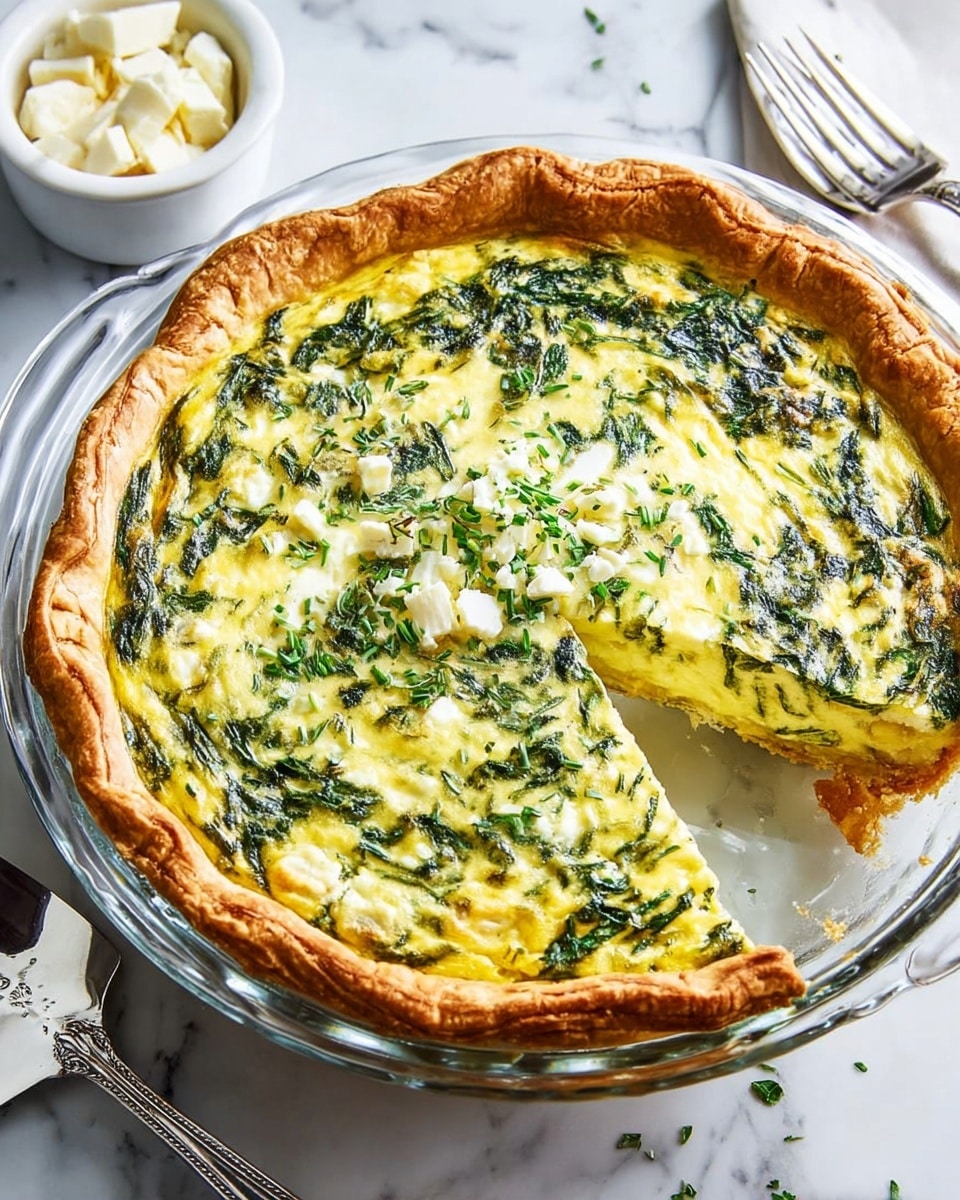 A round spinach quiche in a clear glass pie dish with a golden brown crust around the edges. The quiche filling is creamy yellow with green spinach leaves mixed inside and sprinkled with chopped fresh herbs on top. The pie dish sits on a white marbled surface with a shiny silver pie server next to it, and a small white bowl with some white cheese pieces in the background. Photo taken with an iphone --ar 4:5 --v 7