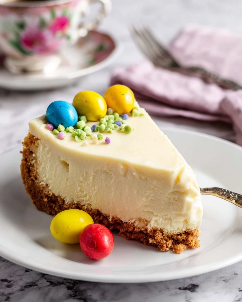 A round cheesecake with a thick, crumbly brown crust at the bottom and sides holds a smooth, creamy white filling on top. The surface is divided into eight equal slices with a light score. Each slice edge is decorated with small clusters of colorful, speckled candy eggs in blue, red, yellow, and white, set on bright green sprinkles shaped like grass. The cake sits on a plain white plate over a pink cloth, all on a white marbled surface. In the background, a floral patterned cup and saucer with dark coffee can be seen. Photo taken with an iphone --ar 4:5 --v 7