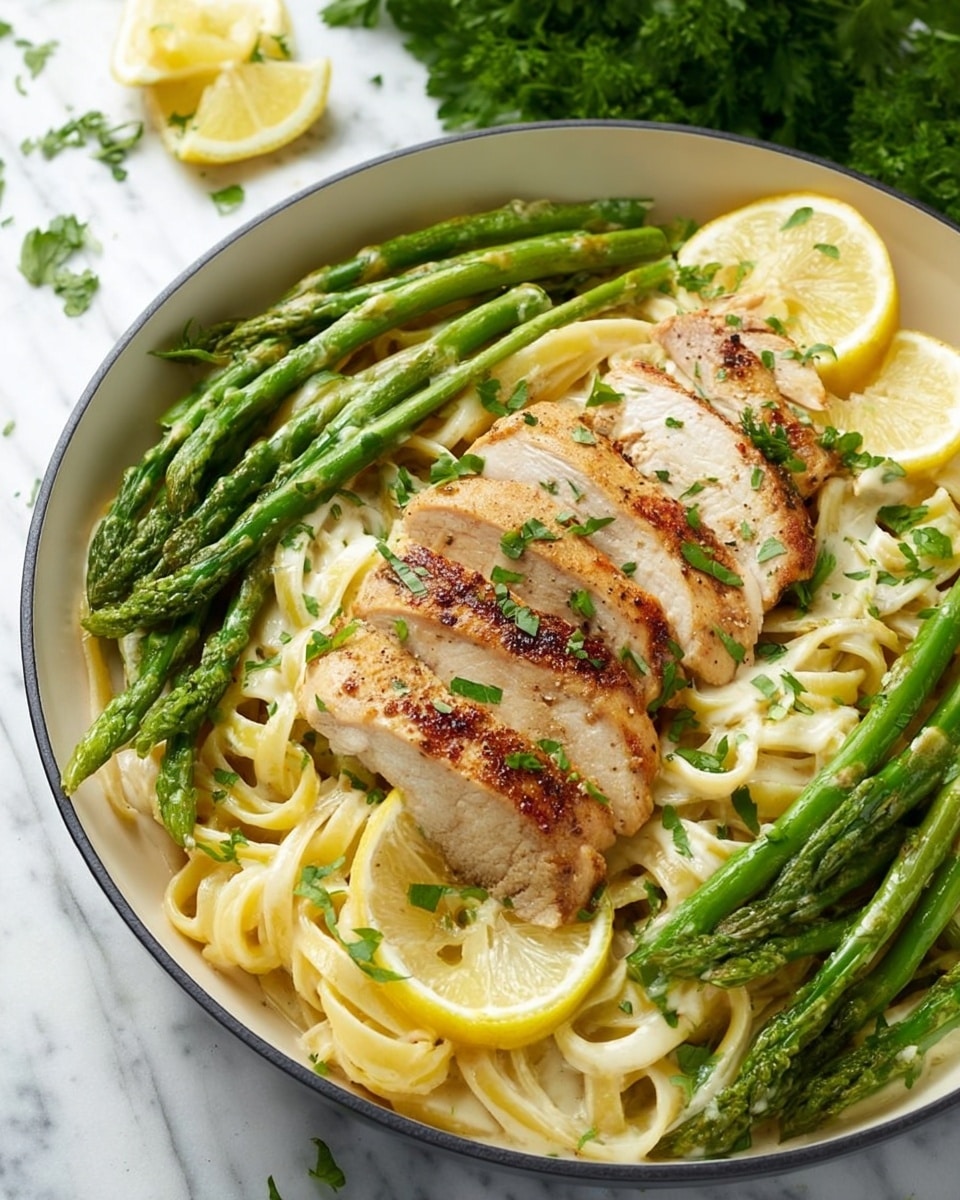 A close-up view of a white plate with three main layers: in the center, a mound of creamy light yellow fettuccine pasta sprinkled with small green herbs, with a fork inserted in the middle twirling some pasta; on the left side, green asparagus spears with a slightly shiny grilled texture; on the right side and partly behind the pasta, light golden grilled pieces of chicken with grill marks and a slice of lemon. The background is soft-focused with shades of green, and the surface is a white marbled texture photo taken with an iphone --ar 4:5 --v 7
