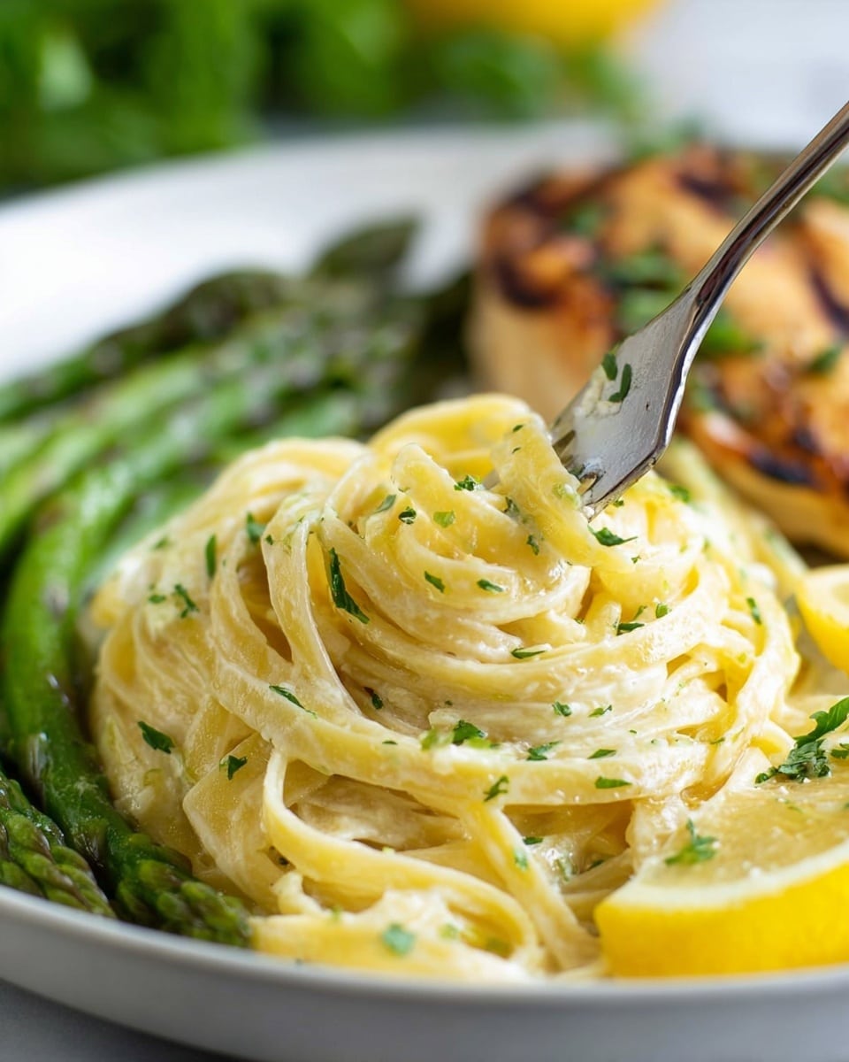The image shows a white bowl filled with creamy pasta at the bottom layer, which looks smooth and coated in a light sauce. On top of the pasta, there are two grilled chicken fillets sliced into thick pieces, with a golden-brown outside and a tender texture inside. Around the chicken and pasta, there are bright green asparagus stalks arranged neatly, some resting on top of the pasta and some leaning against the chicken. Lemon slices are placed on the side and partially on the pasta with small chopped green herbs sprinkled across the whole dish, adding color contrast. The bowl is set on a white marbled surface with some parsley leaves blurred in the background. Photo taken with an iphone --ar 4:5 --v 7