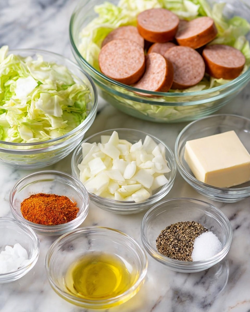 The image shows several clear glass bowls with different cooking ingredients placed on a white marbled surface. The largest bowl in the back holds thick slices of light brown sausage with a smooth texture. Behind it and slightly to the right is another large bowl filled with light green, leafy chopped cabbage. In the front row, from left to right, there is a small bowl of orange-red spice, a bowl of white chopped onions with a smooth look, a bowl of finely chopped pale yellow garlic, a bowl containing a square of creamy white butter, a small bowl of light golden oil, a small bowl with white salt crystals, and a bowl holding crushed black pepper. The arrangement shows a neat and colorful display of fresh and raw cooking ingredients. Photo taken with an iphone --ar 4:5 --v 7