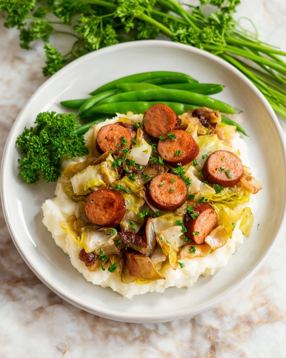 The dish shows one layer of smooth white mashed potatoes on the bottom, topped with a mix of cooked green cabbage pieces that have a slightly shiny, soft texture, and brown sausage slices with a slightly crispy surface scattered on top. On the side of the plate, there are fresh green beans arranged in a small bunch, along with a small bunch of fresh parsley placed near the sausage. The plate is white, sitting on a white marbled surface, creating a bright and clean look. Photo taken with an iphone --ar 4:5 --v 7