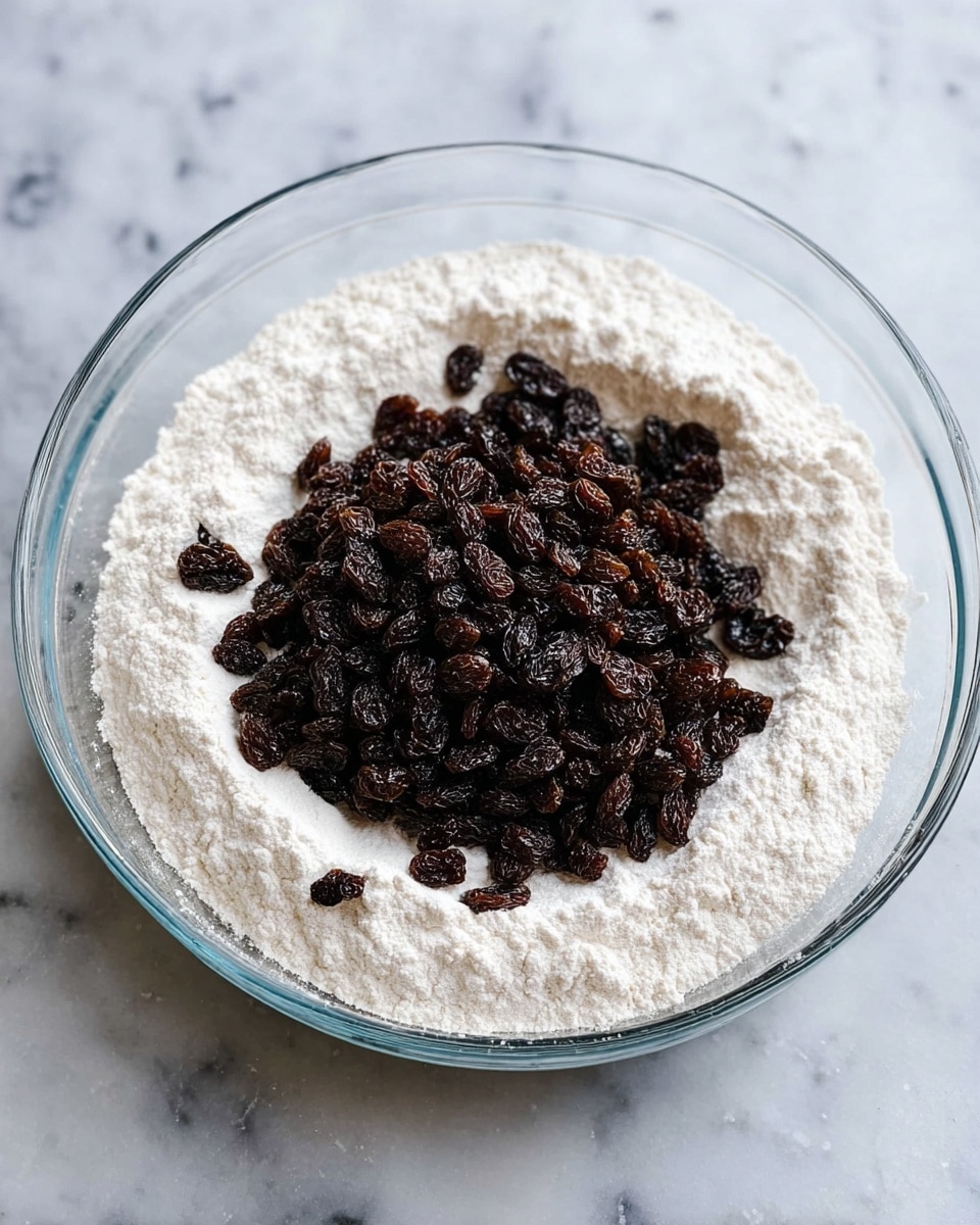 A clear glass bowl sits on a white marbled surface, filled with two visible layers: a base layer of white flour with a fine, powdery texture, and a generous pile of dark brown raisins resting on top in the center, their wrinkled and shiny texture contrasting with the smooth flour around. The raisins are clustered tightly, and the flour forms a thick ring around them with slightly uneven edges. Photo taken with an iphone --ar 4:5 --v 7