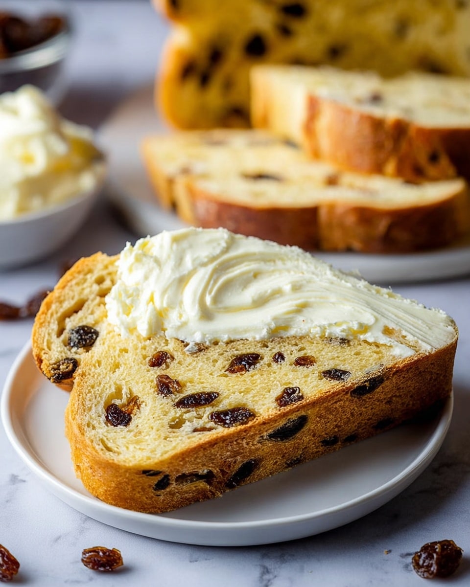 The image shows a round loaf of bread with a golden-brown crust and light flour dusted on top, sitting inside a dark cast iron pan. The bread has a cracked surface, displaying a soft, slightly crumbly texture inside with dark raisins scattered evenly throughout. The crust is uneven with some parts puffed up, showing a rustic, homemade style. The pan rests on a white marbled surface with a folded blue and white striped cloth in the background. photo taken with an iphone --ar 4:5 --v 7