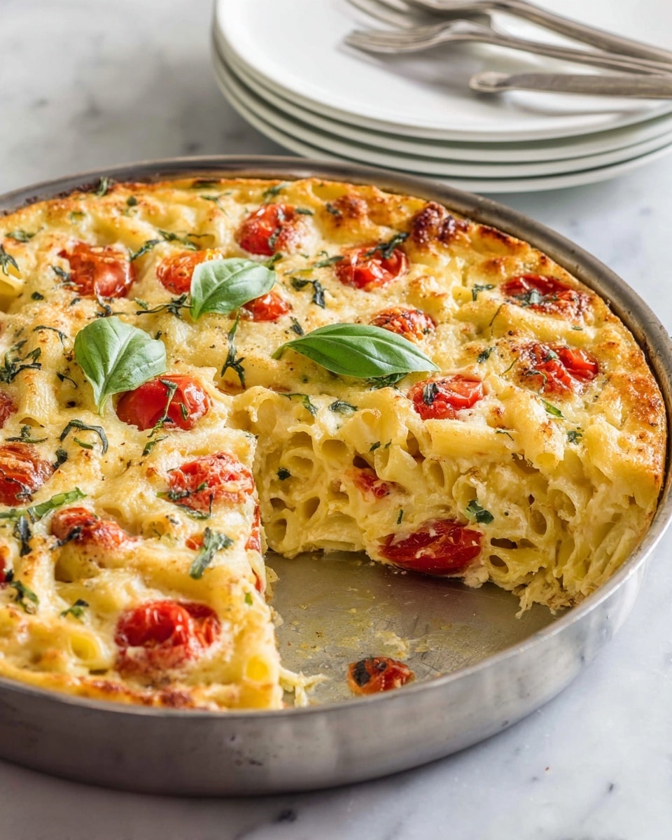 A round pan holds a baked dish with a creamy yellow base made from eggs or cheese, layered with scattered cooked penne pasta inside. Bright red cherry tomato halves are spread evenly on top, adding pops of color, along with thin strips of dark green basil leaves mixed throughout. Small white patches of melted cheese and a light sprinkle of grated cheese cover parts of the surface. A few fresh whole basil leaves are added as decoration. The pan sits on a white marbled surface, next to a striped cloth and a white plate with shiny forks. photo taken with an iphone --ar 4:5 --v 7