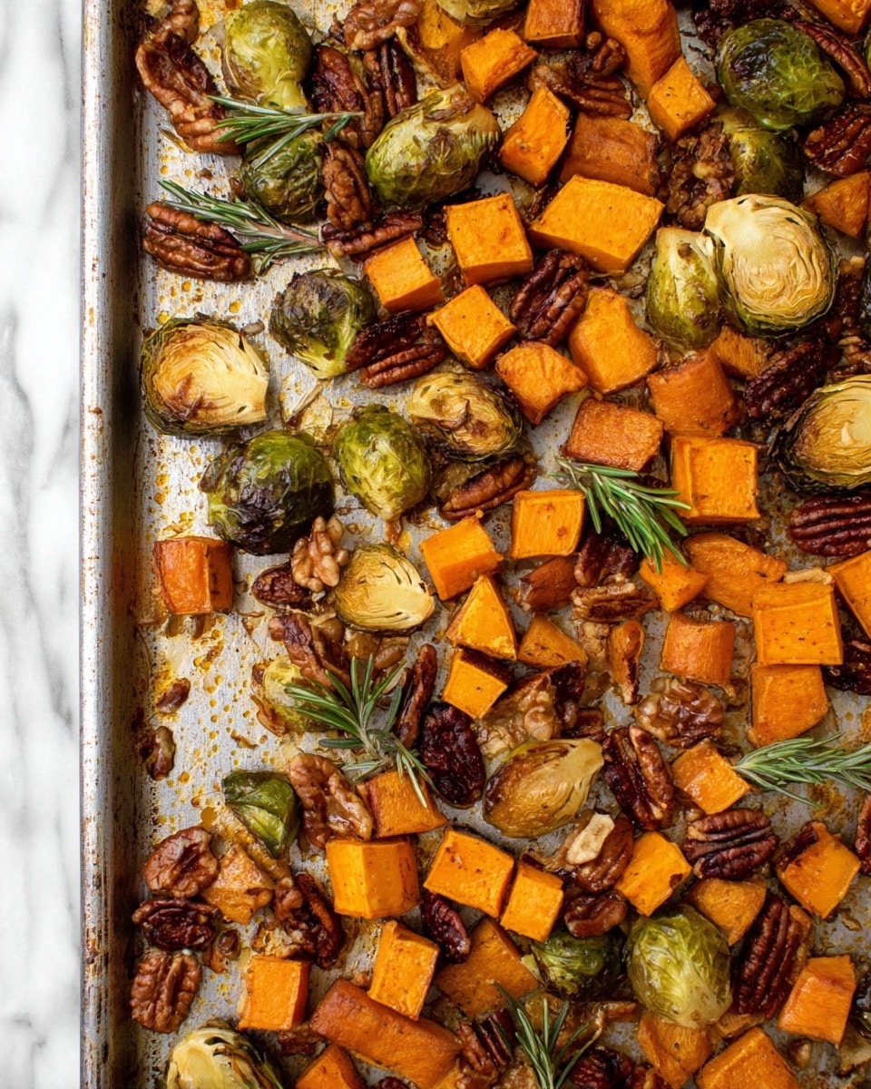 A white plate is filled with three layers of food: the bottom layer has roasted small chunks of orange sweet potato and green brussels sprouts, both with a slightly crispy texture; the middle layer has scattered pecan halves and bright red pomegranate seeds adding color and texture; the top layer is drizzled with a creamy light beige sauce. On the side, there are small white bowls and a half pomegranate on a white marbled surface. Woman's hand with metal tongs is holding some of the food on the plate. photo taken with an iphone --ar 4:5 --v 7