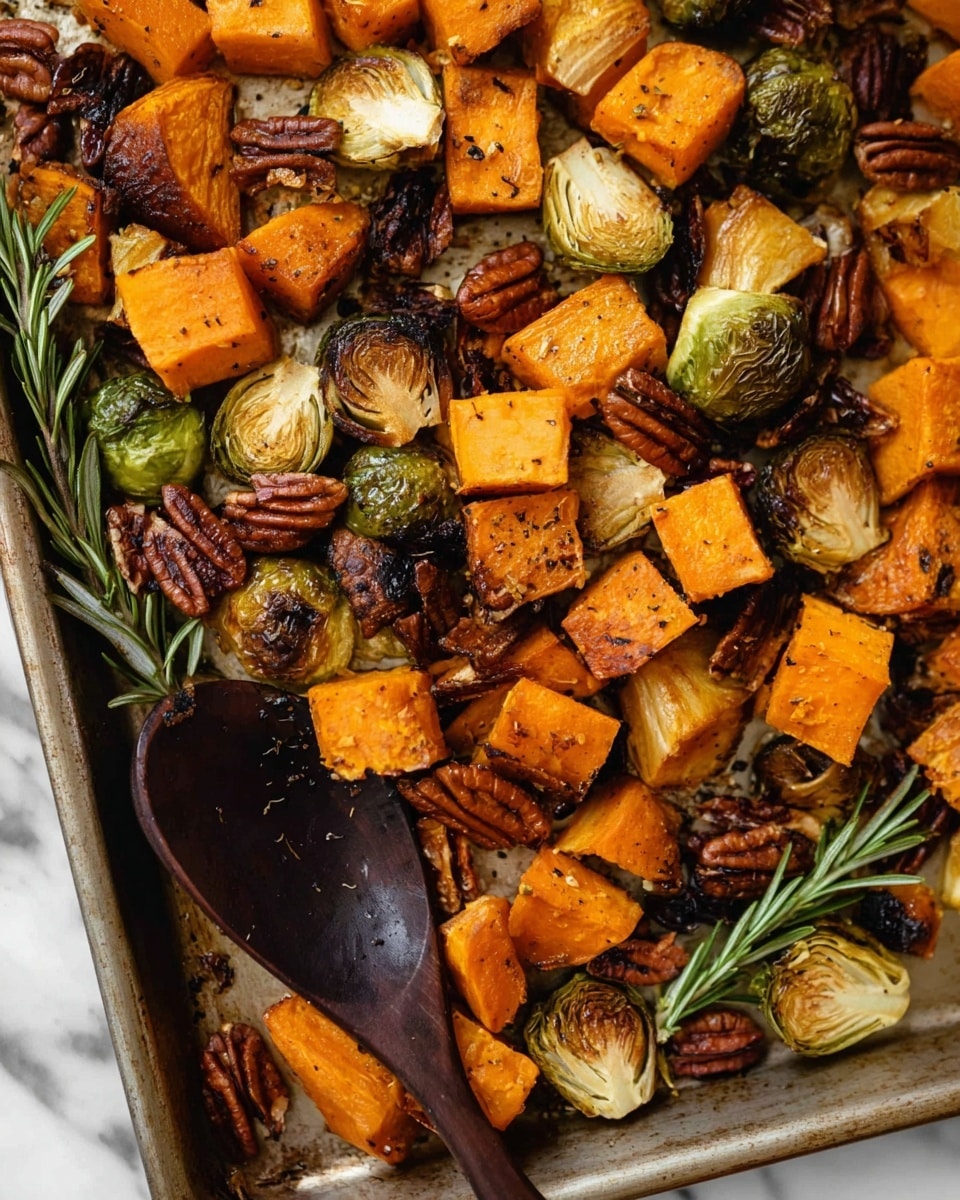 The image shows a close-up of a baking tray full of roasted vegetables and pecans. The vegetables include golden-brown cubes of sweet potato and butternut squash, and caramelized Brussels sprouts that are dark green and lightly charred on the edges. Scattered among the vegetables are small clusters of brown pecan halves and sprigs of fresh green rosemary. A dark wooden spoon rests on the tray, partially covered by the vegetables. The tray sits on a white marbled surface. The roasted vegetables have a crispy, slightly oily texture with visible black pepper and seasoning. Photo taken with an iphone --ar 4:5 --v 7