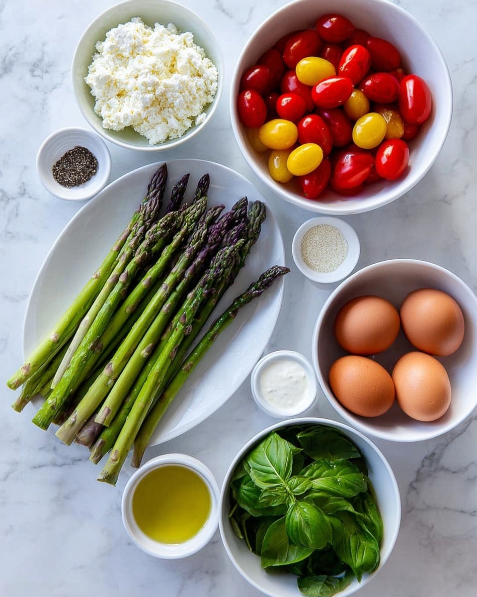 The image shows seven white bowls and plates arranged on a white marbled surface. In the center left is a white plate with a bunch of fresh green asparagus stalks with purple tips, laid out in a neat pile. Above it and slightly to the left, there is a white bowl filled with red and yellow cherry tomatoes. To the right of the tomatoes is a white bowl with white crumbled cheese. Below the cheese is a small white bowl containing golden olive oil. Next to it on the right is a small white bowl with a white creamy liquid. Below the asparagus is a white bowl with bright green fresh basil leaves. To the bottom right is a white bowl filled with six brown eggs. In the middle, there is another small white bowl containing salt and pepper. Photo taken with an iphone --ar 4:5 --v 7