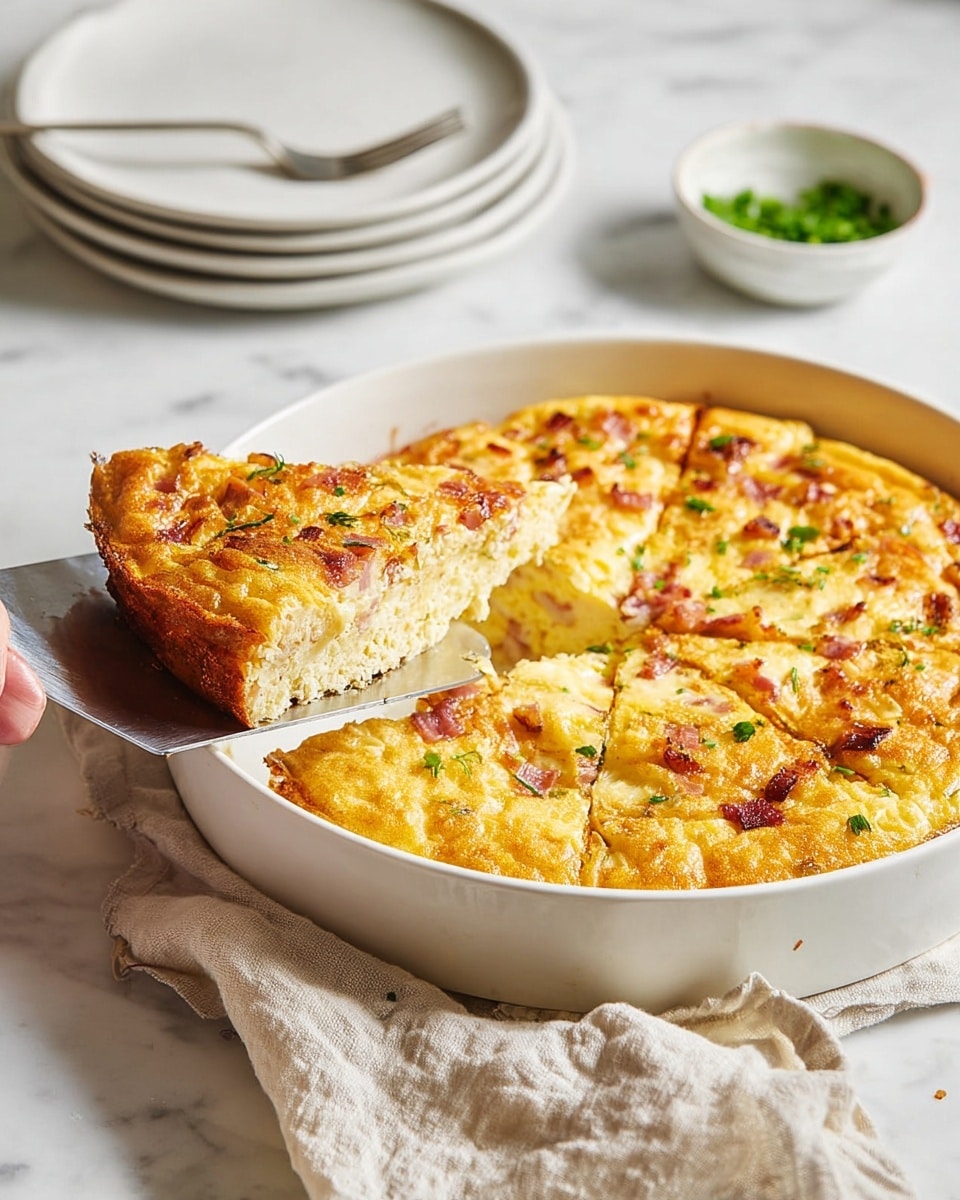 A white round dish holds a golden brown baked quiche sliced into eight pieces, with one piece being lifted by a metal spatula. The quiche has a thick crust with a crunchy texture and a soft, slightly yellow center sprinkled with small bits of cooked bacon and bright green chopped chives. The top is shiny and smooth with an uneven color, showing more browned spots near the edges. The dish sits on a white marbled surface with a small bowl of extra chopped chives nearby. Photo taken with an iphone --ar 4:5 --v 7