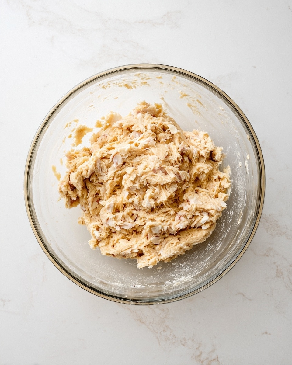 A clear glass bowl sits on a white marbled surface, filled with a soft, mixed dough that has a light beige color with small chunks of white and light brown pieces spread throughout. The dough has a slightly sticky and uneven texture, with some areas more smooth and others showing shredded bits. The bowl is clean around the edges except for some small dough smudges. photo taken with an iphone --ar 4:5 --v 7