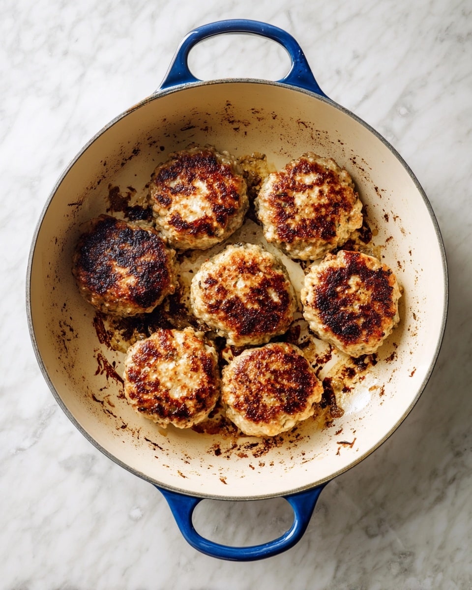 A white oval plate with a thin gold rim holds about a dozen grilled patties stacked in a loose pile. Each patty is golden brown with darker char marks and a slightly rough texture, showing small bits of herbs and spices mixed in. The patties look thick and uneven in shape, with some hints of moistness on the surface. Small green herb sprigs are scattered lightly over and around the patties. The plate sits on a white marbled surface. photo taken with an iphone --ar 4:5 --v 7