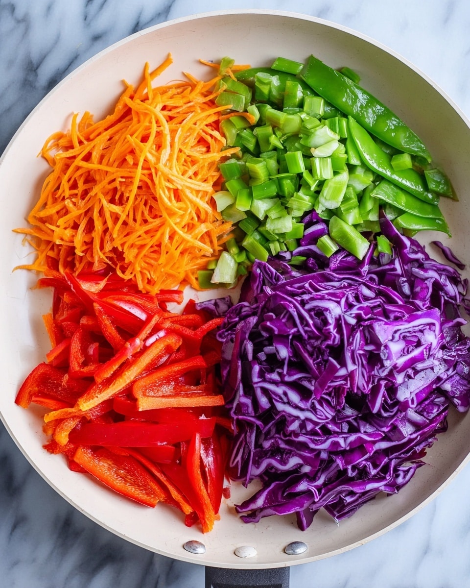 The image shows a white frying pan with four different chopped vegetables placed side by side inside it. On the top right, there are green snow peas with a smooth texture, cut into small pieces. Below the snow peas, on the bottom right, is a heap of purple cabbage with a crinkled and leafy texture. On the bottom left, there are red bell pepper strips, bright and glossy. On the top left, there is a pile of shredded orange carrots, thin and string-like. The pan is placed on a white marbled surface. Photo taken with an iphone --ar 4:5 --v 7
