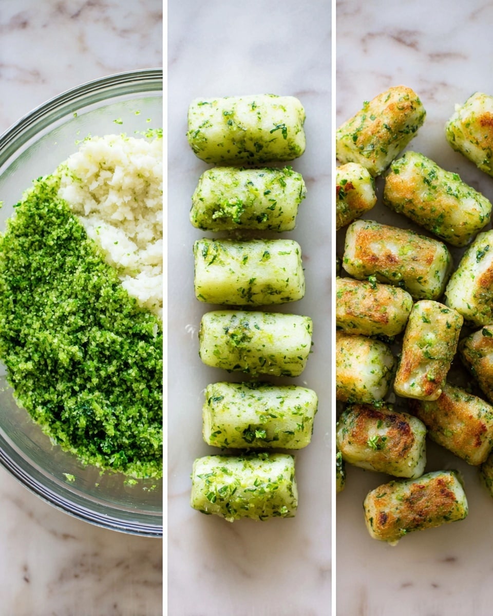 The image shows three vertical stages of making green potato gnocchi on a white marbled surface. The first stage on the left is a clear bowl with two layers inside: a bright green finely crushed herb layer on top and a mashed white potato layer under it, both ready to be mixed. The middle shows several raw gnocchi pieces shaped like small green and white cylinders with specks of herbs visible inside, arranged in rows directly on the surface. The right side shows cooked gnocchi pieces with a crisp golden-brown crust on one side and green herb texture mixed with white potato on the other sides, piled closely together. Photo taken with an iphone --ar 4:5 --v 7