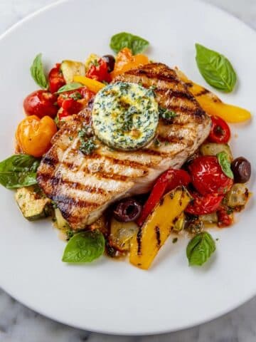 Butter over Grilled Swordfish with Slow-Roasted Heirloom Tomatoes & Peppers Recipe