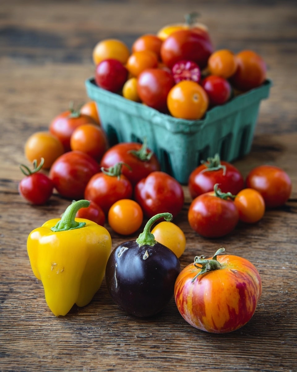 A group of colorful tomatoes and three bell peppers are displayed on a wooden surface. The tomatoes, in shades of red, orange, and yellow, are spilling out of a green carton in the back left. The tomatoes come in different shapes and sizes, some round while others are more oval. In the front right are three bell peppers: one yellow with an orange tint at the base, one dark purple, and one orange with red streaks. The whole scene is lit softly, showing natural texture and color variation. photo taken with an iphone --ar 4:5 --v 7