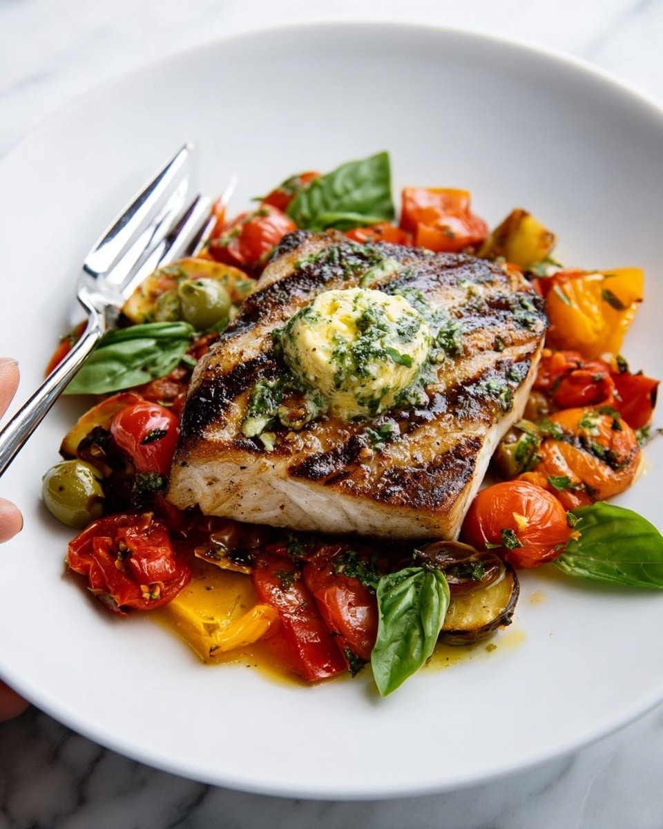 A thick, grilled piece of fish with dark brown grill marks sits on top of a mix of roasted colorful vegetables including red and yellow cherry tomatoes, orange bell peppers, and green olives. The fish is topped with a dollop of melted herb butter that is pale yellow with green flecks. Bright green fresh basil leaves are scattered around the fish and vegetables. The food is served on a white plate placed on a white marbled surface. A silver fork rests on the left side of the plate with a woman's hand holding it just off-frame. photo taken with an iphone --ar 4:5 --v 7